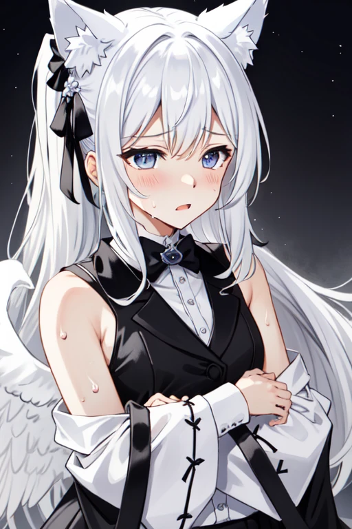 one girl, fallen angel, angel wing, angel ring, sacred, cute, naive, sobbing, , beautiful, light blue eyes, white dress, her right wing is black and spoiled, angel ring is broken, white hair