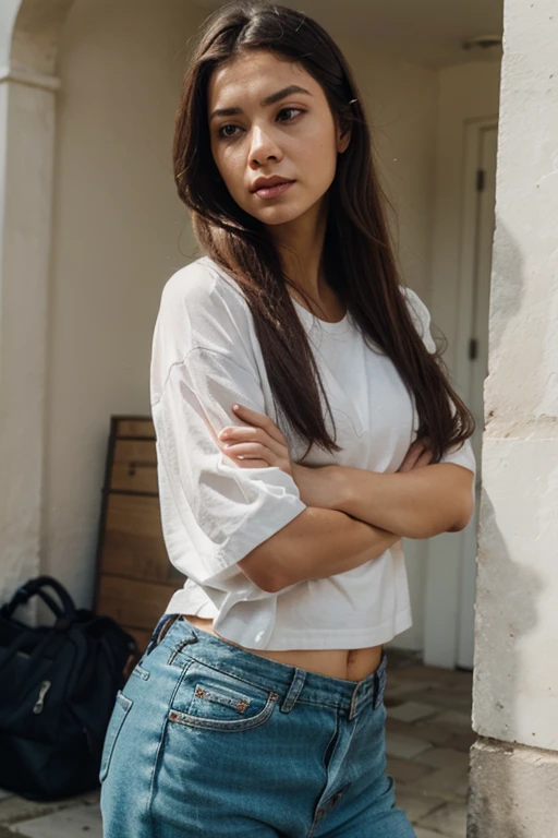 (full body portrait:1.4), RAW UHD portrait photo of a 24 year old woman called Kimmie Miso, (1 woman). Black hair, brown eyes, feminie features, dslr, ultra quality, film grain, (centred), Fujifilm XT3, detailed skin pores, intricate eye detail, jeans and sweater, winter jacket, snowy alley,