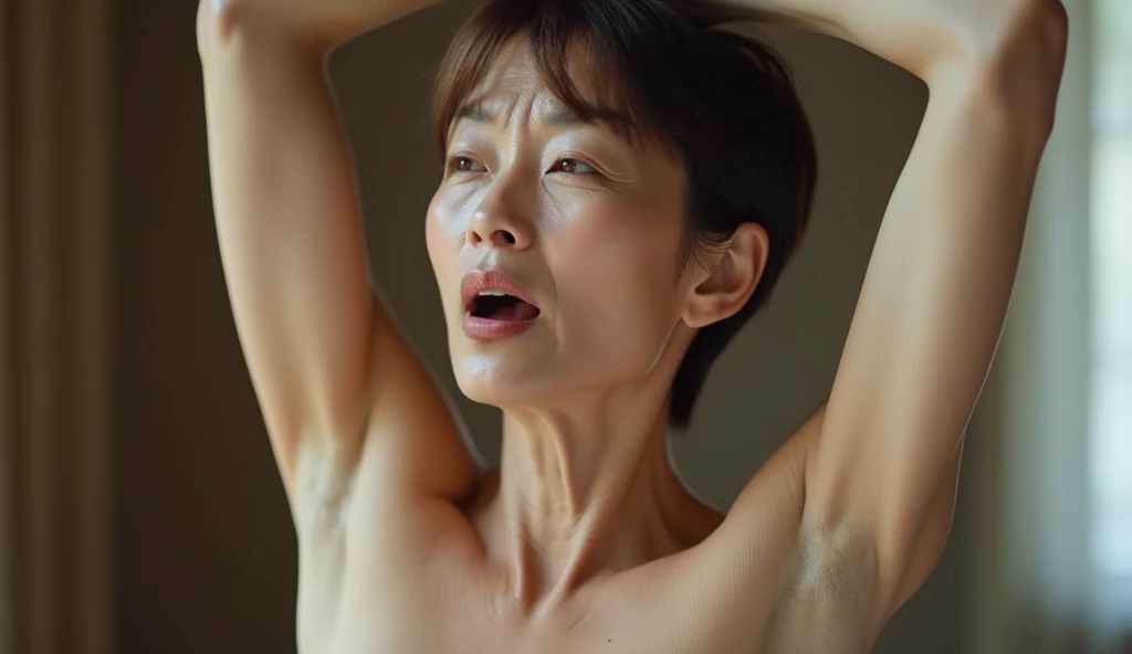 Extremely detailed, ((Open your legs)), ((Raking up your hair with both hands:1.3)), Right fingertips, ((Armpits are hairy)), A MILF, ((masutepiece)), top-quality, high-level image quality,16 K, (Emphasis on the ?????), (????? Aunt), Saggy udder, , Up to pubic hair, Pubic hair Gray hair, Staring at this, 83 years old,