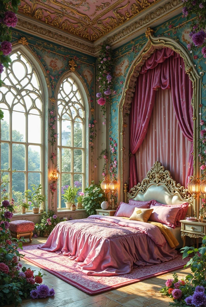 Royal bedroom for girls with all details and a big royal bed with green and white theme and open window and rainy weather at night