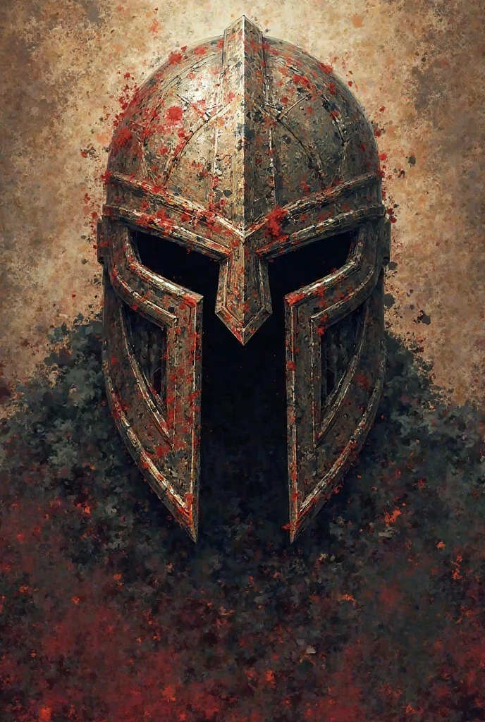 Create a barber shop logo, with a Spartan helmet that looks worn and covered in war blood
