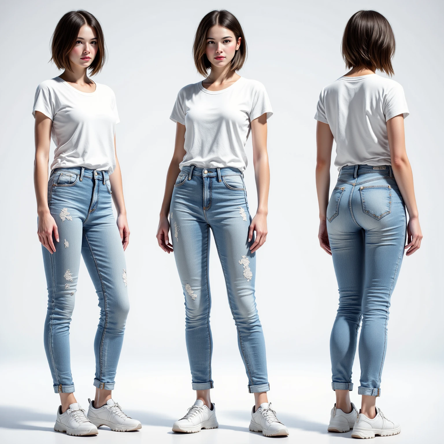 detailed character sheet, front view, side view, diagonal view, with a white returnground, show women, 30 years, with short dark brown hair combed return, Wear light casual clothing, wearing fitted jeans. The seat includes different angles., forehead, etc.., return, and side views, Model sheets and reference sheets., full body painting. The proportions are based on a 7..5 head scale.