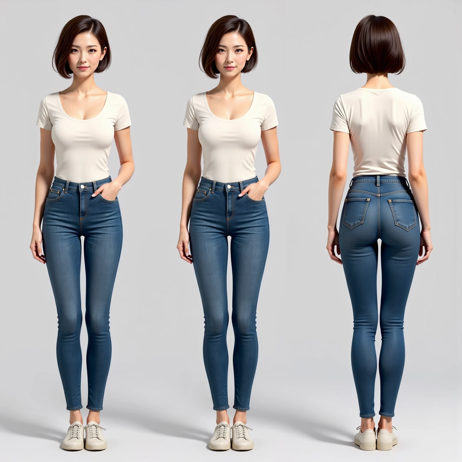 (photorealistic Realism 16K Quality, ultra-fine digital art), (Hyper-realistic proportional body, anatomically correct:1.3), Detailed character sheet, Front view, Side view, Diagonal view, with a white returnground, show women, 30 years old, with short dark brown hair combed return, Wearing light casual clothing, Wearing tight denim jeans. The seat includes different angles, Front etc., return, and Side views, Model sheets and reference sheets, Full-body painting. Proportions are based on a 7.5 head scale.