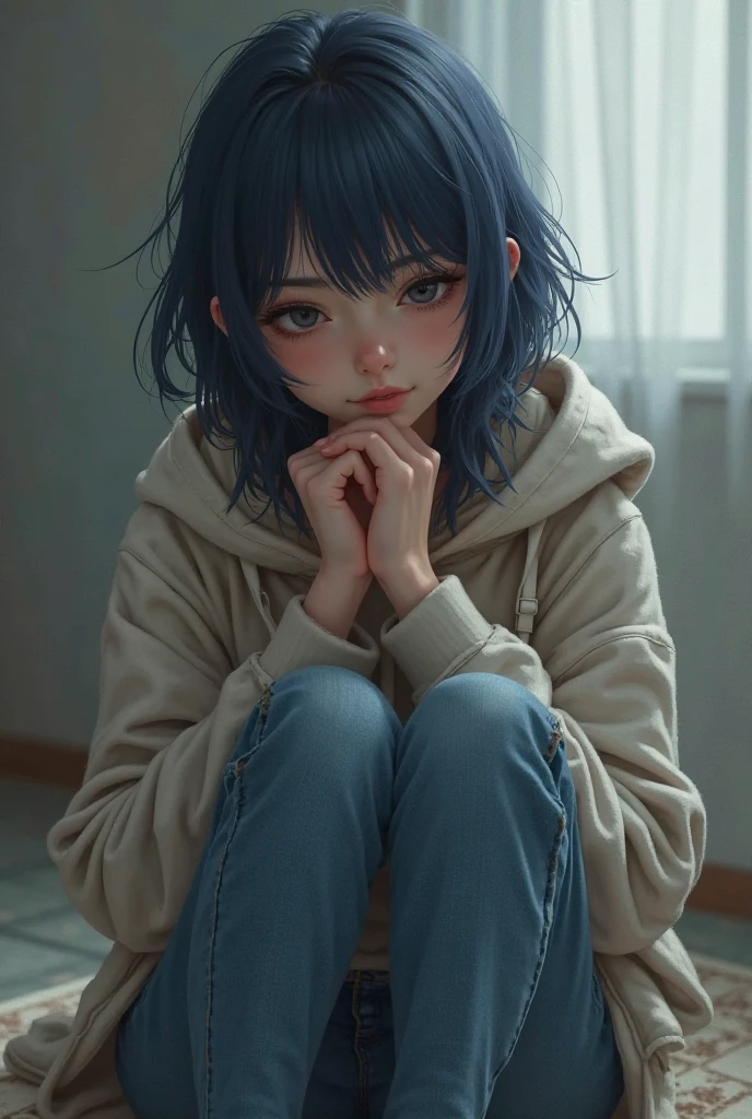 (Raw foto, Best quality, Masterpiece x1.2), (Lifelike, Photo realistic x1.4), (Masterpiece x1.4), (Best quality x1.4), 1 girl, 独奏, Showing a frightened expression, Blue hair, blue sweater, Denim pants, crouching behind the door, protruding his head to look out, Serious expression, (Shiny skin), realperson