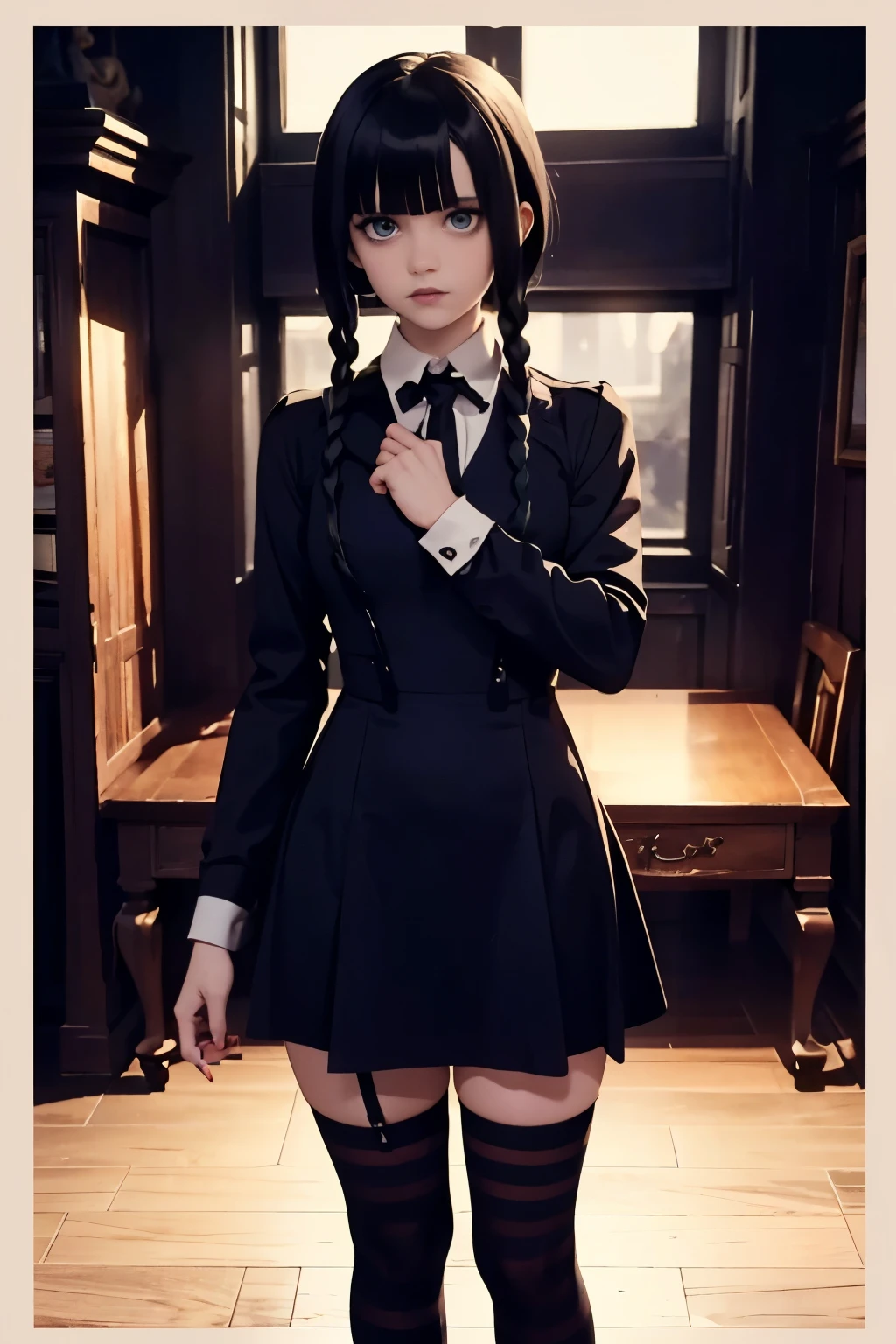 A remarkable fusion of Wednesday Addams and Mavis Dracula, Manny exudes a vintage noir charm. The composition showcases her full-length figure, capturing the essence of Wednesdays classy preppy goth vibe seamlessly blended with Mavis' energetic-goth style from the roaring 1920s. Allow the AI's imagination to conjure a captivating image that brings Manny's unique character to life, with all the artistic styles you have at your disposal. Wednesday Addams, mavis dracula, dress, striped thighhighs