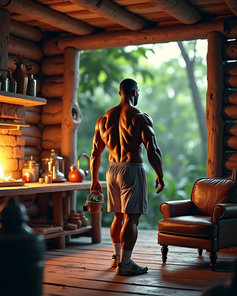Big mountains in the background, dusk sky, muscular 40 year old man in the middle, masculine, hairy, rugged man, looking away, paper lamps on the floor, naked torso, mature man, highly detailed body, great quality, symmetrical facial features, proportional body shape, blue hour, full body flexing
