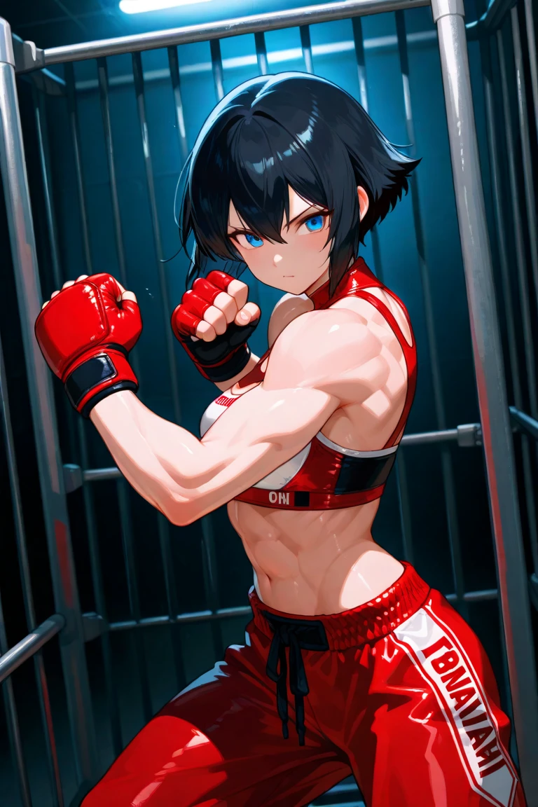 masterpiece, best quality, ultra-high-detailed, Disgusted face, white hair, red eyes, sigtuna julie , small breast, looking viewer like a trash , deep eyes , down shot, Warm body, hot body, A lot sweat , more sweat, hot temperature, sweating, Sweated a lot, warm room, bare shoulder, showing shoulder, Human, goth, emo, skinny, bare shoulder, Tight thights, Front camera, Fit girl, muscle girl, fit body, navel, , glare, navel, midrifft, Boxing, six pack, abs, Muuaythai, Muscular, sweat all over body, punch