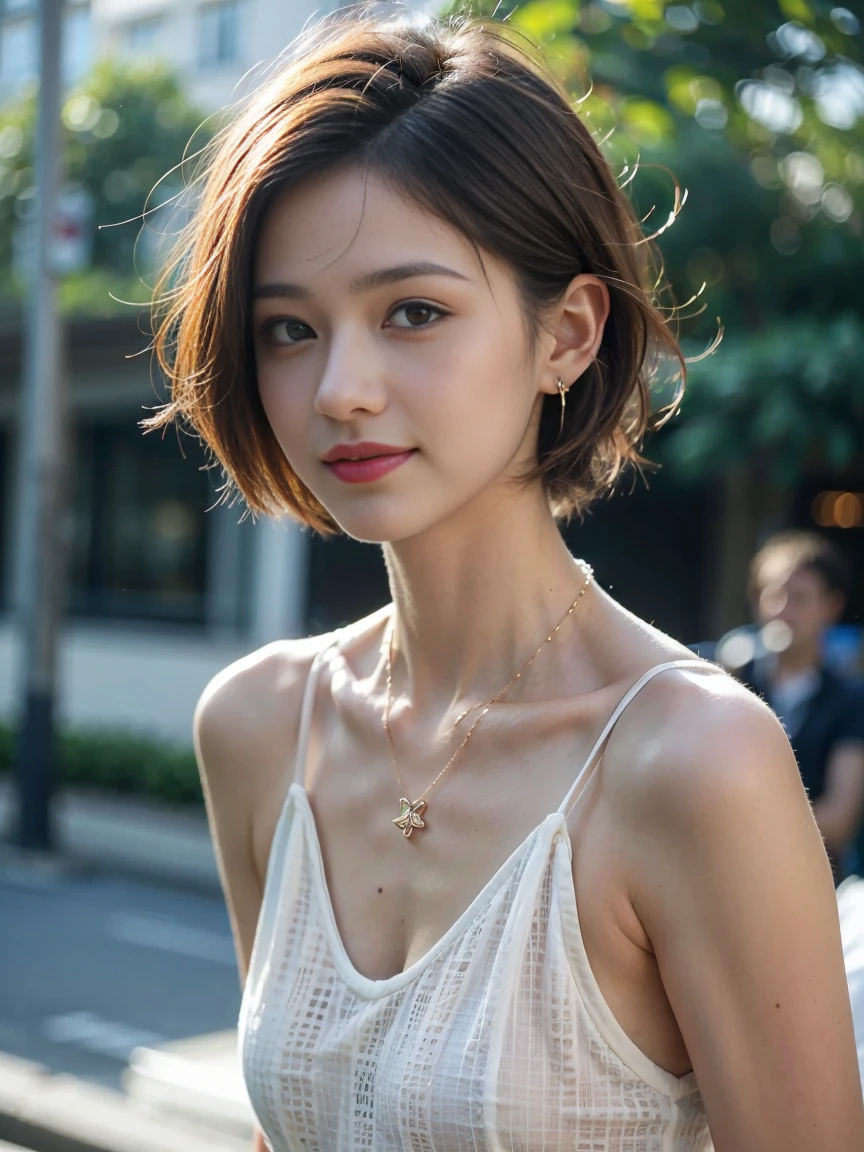 top-quality、​masterpiece、超A high resolution、(realisitic:1.4)、Bautiful Women1、Beautiful detail eyes and skin、smile、Light brown middle-cut hair, She is Wearing a long t-shirt,  gorgeous chinese model, photo of slim girl model, IG-Modell, beautiful female model, Choker, hold breasts, 24, 24 years old, rooftop