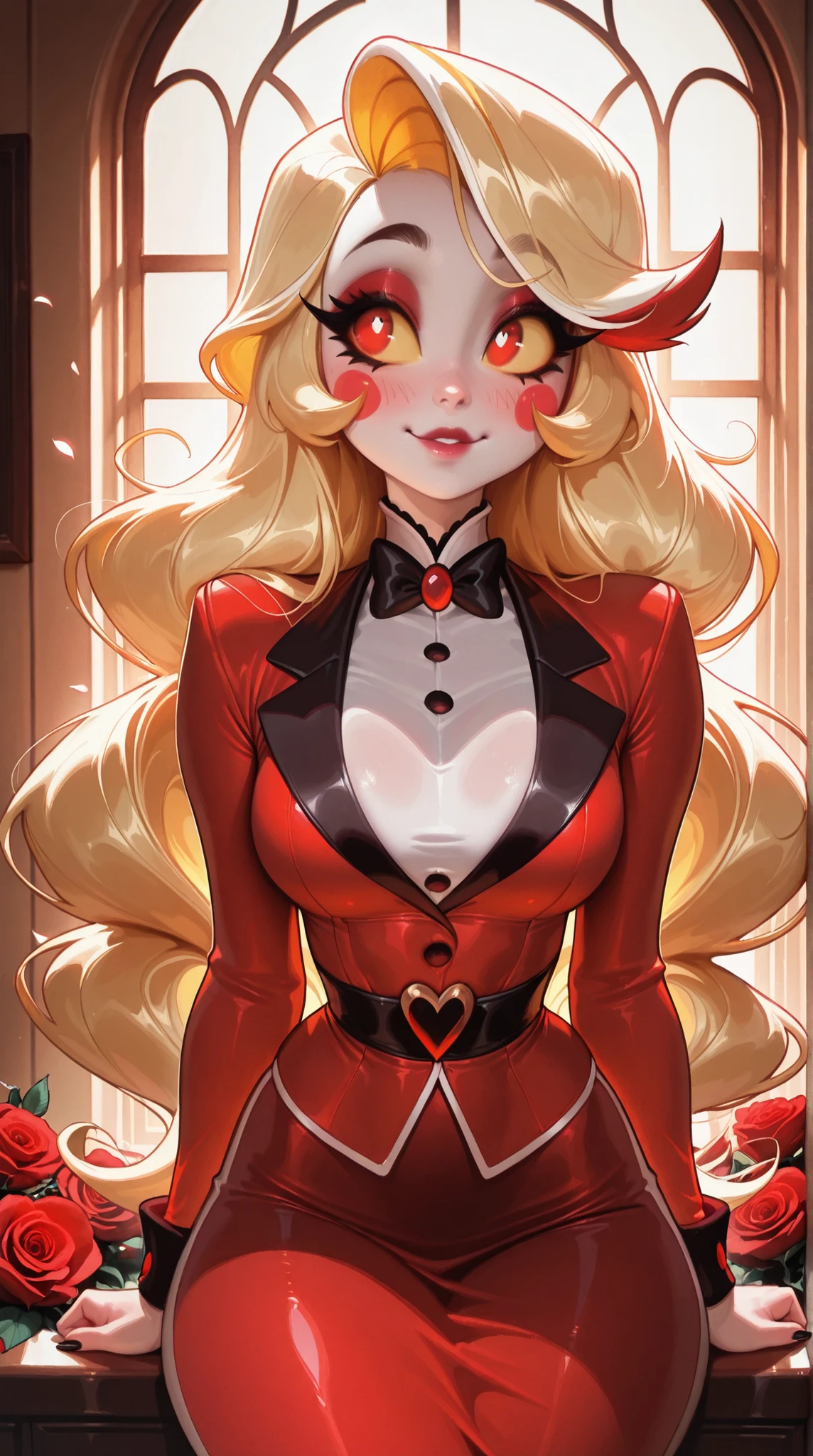 (TangoBat:0.7),(Sakimichan:0.7), (Charlie Morningstar Hazbin Hotel), a blonde haired woman, long flowing curly hair, yellow sclera,red eyes, blush stickers, roses, soft lighting, 8k resolution ,masterpiece, best quality,absurdres