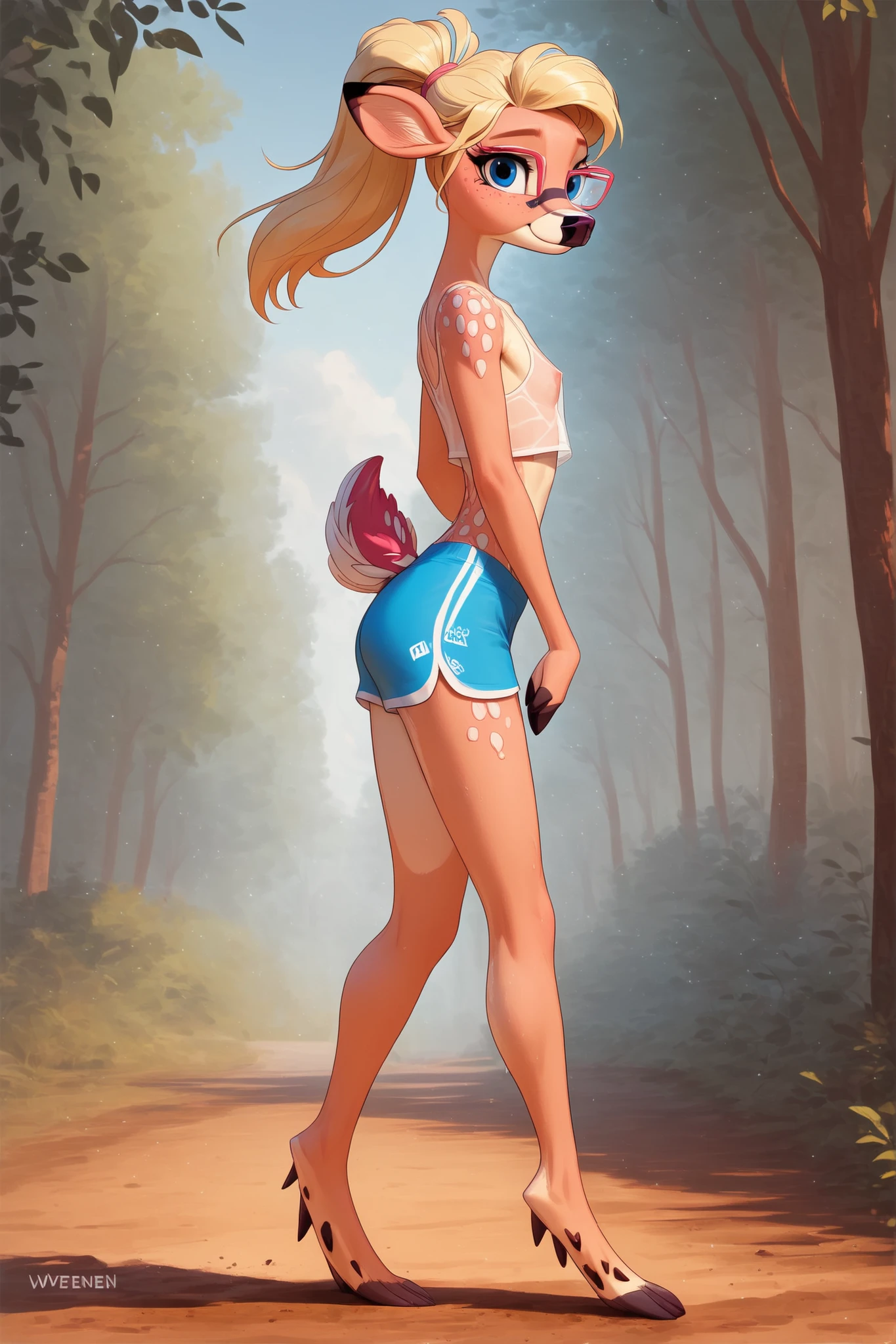 score_9, score_8_up, score_7_up, looking at viewer, smile, (face focus, eye focus), solo, freckles, young female, o, skinny, detailed skin, sweaty, sheer see-through tight slutty cropped tanktop, (perfect), microwaist, small ass, tight shorts, skimpy blue stripe running shorts, sexy, blonde hair, ponytail, big pretty blue eyes, innocent eyes, sexy, long lean legs, deer hooves feet, art by loimu, o, (((tween:1.4))), playful, forest path, dirt path, sunny day hike, walking towards viewer,
concept art, cell shading, masterpiece,
detailed face, beautiful, provocative, happy,
(anthro deer:1.5), deer tail, hooves, hooved feet, glasses