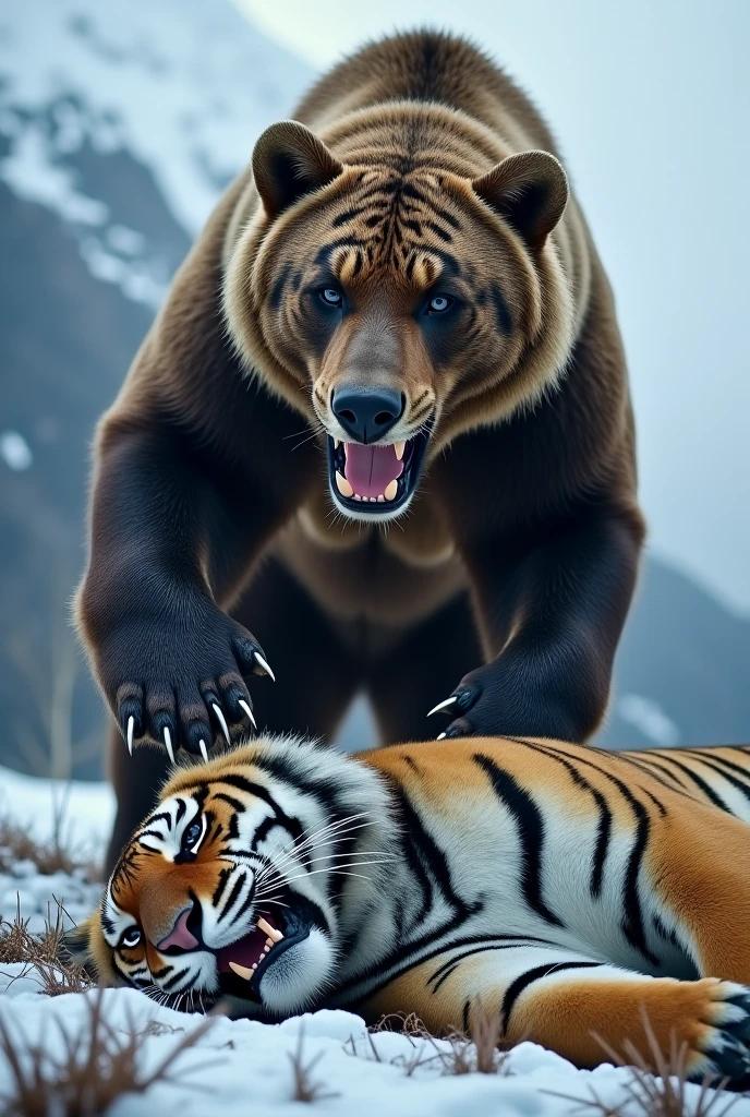 A tiger slaps the bear cry and fall on soil