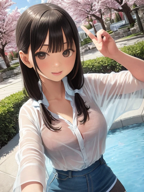 (Perfect Anatomy,Highest quality、超High resolution、High resolution、Extremely detailed CG、8K Unit Wallpaper),Cowboy Shot,Portraiture,1 female,alone,20 year old beauty,Japanese(Beautiful details,Brown eyes),shy,Brown Hair,Long Hair,bangs,Mid-chest,Slender body,skinny,(White panties),bustling street、street,Tokyo、Natural light、White tank top、Full Body Shot、White panties、See-through bra、smile