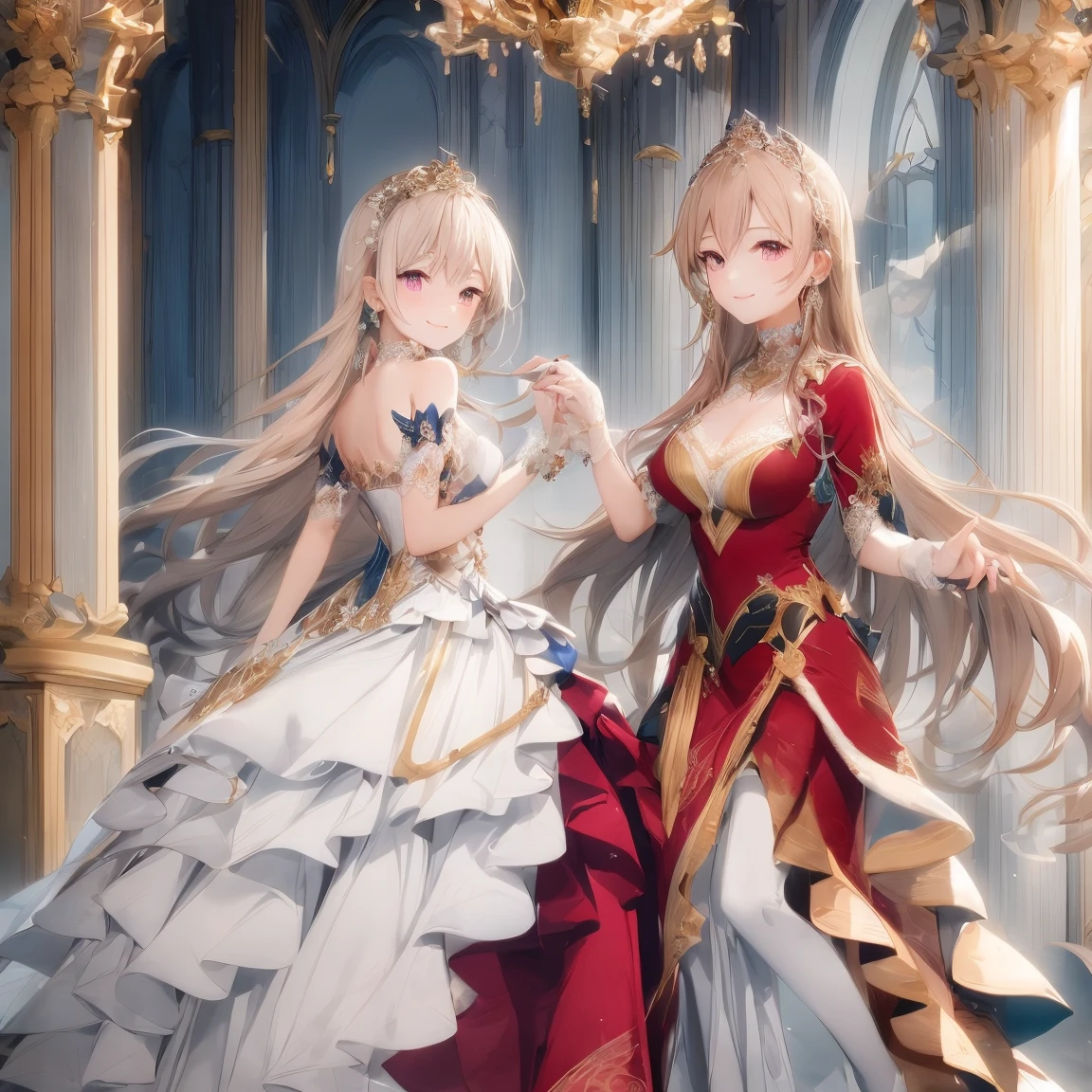 (kawaii),(best quality),(ultra detailed), upper body,(rococo style),(long train red cape:1.15), very long cape,(long train white ball gown with flower decorations), a girl is wearing a cape over her gown, 1 little princess, tiara , smile, very long hair, small breasts