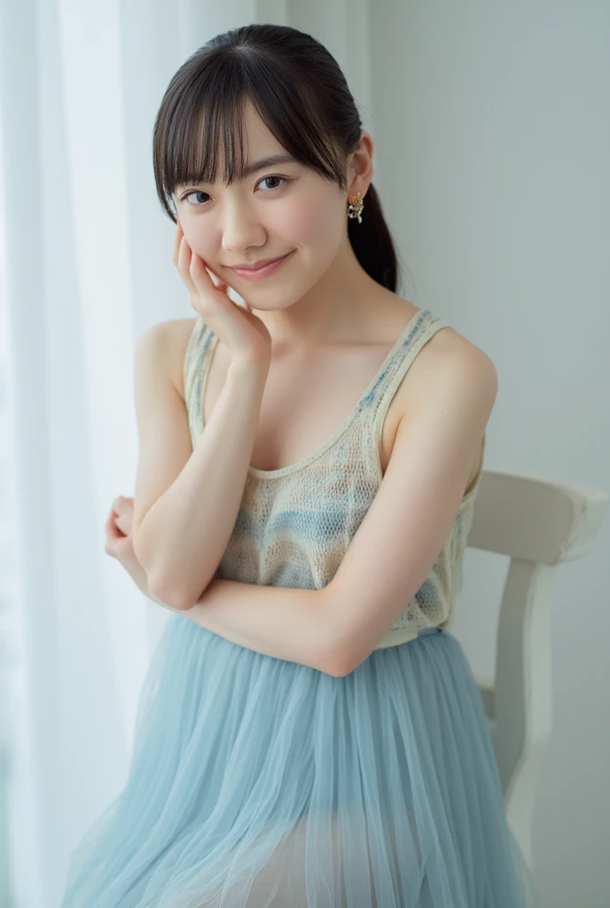 1 girl, by the wide, bare shoulders, sleeveless, white take top, blue skirt, his hands on his knees, pretty knees, smile, whole body.
