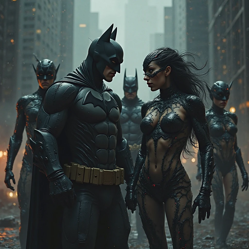 Generate a realistic image depicting naked Batman running behind the naked Joker in a dramatic chase scene. The setting should capture the essence of Gotham City, with both characters in dynamic poses that convey urgency and action.