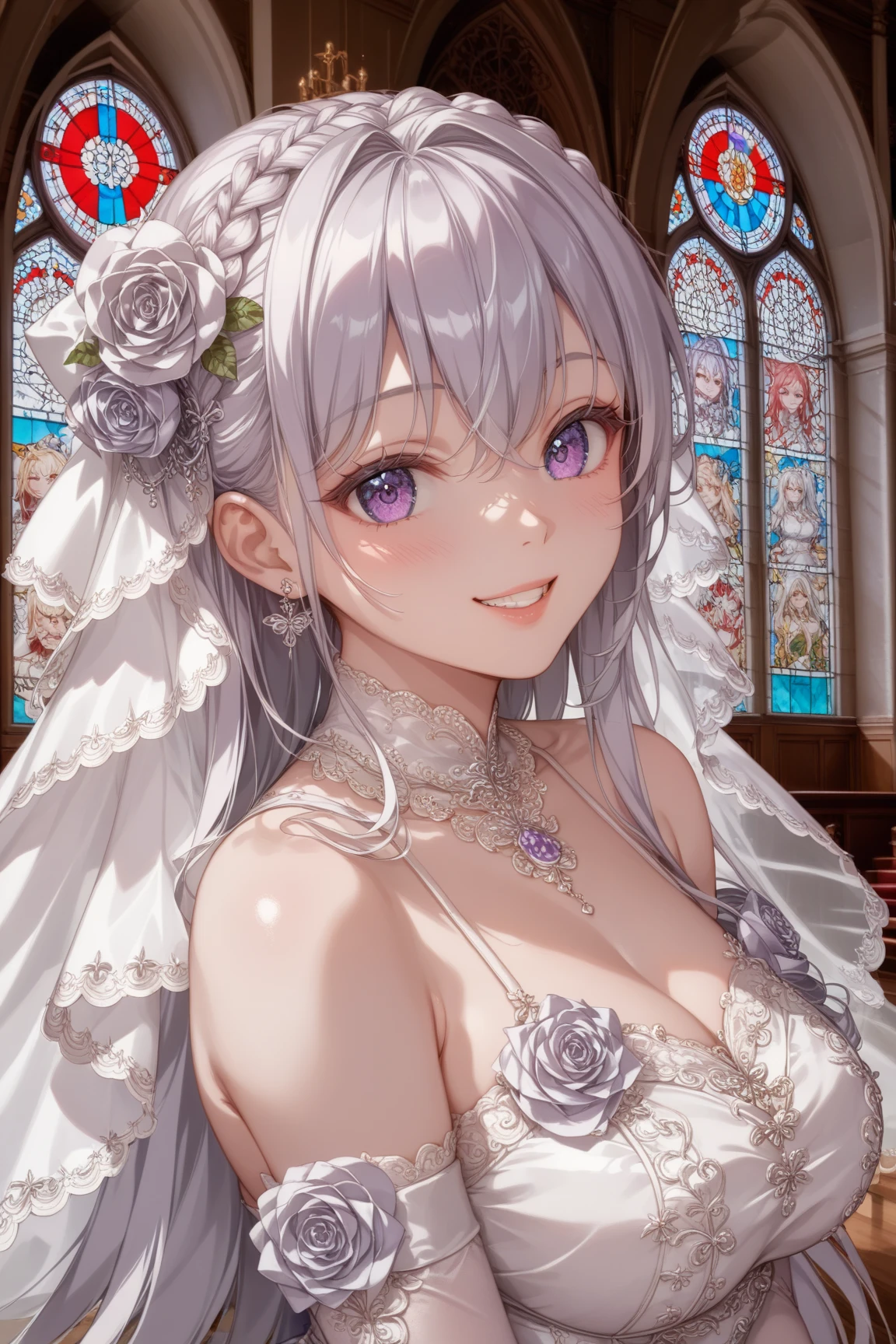 biwa hayahide \(umamusume\) wearing a white wedding dress, under rim glasses, tiara, wedding veil in front of face, wedding bouquet