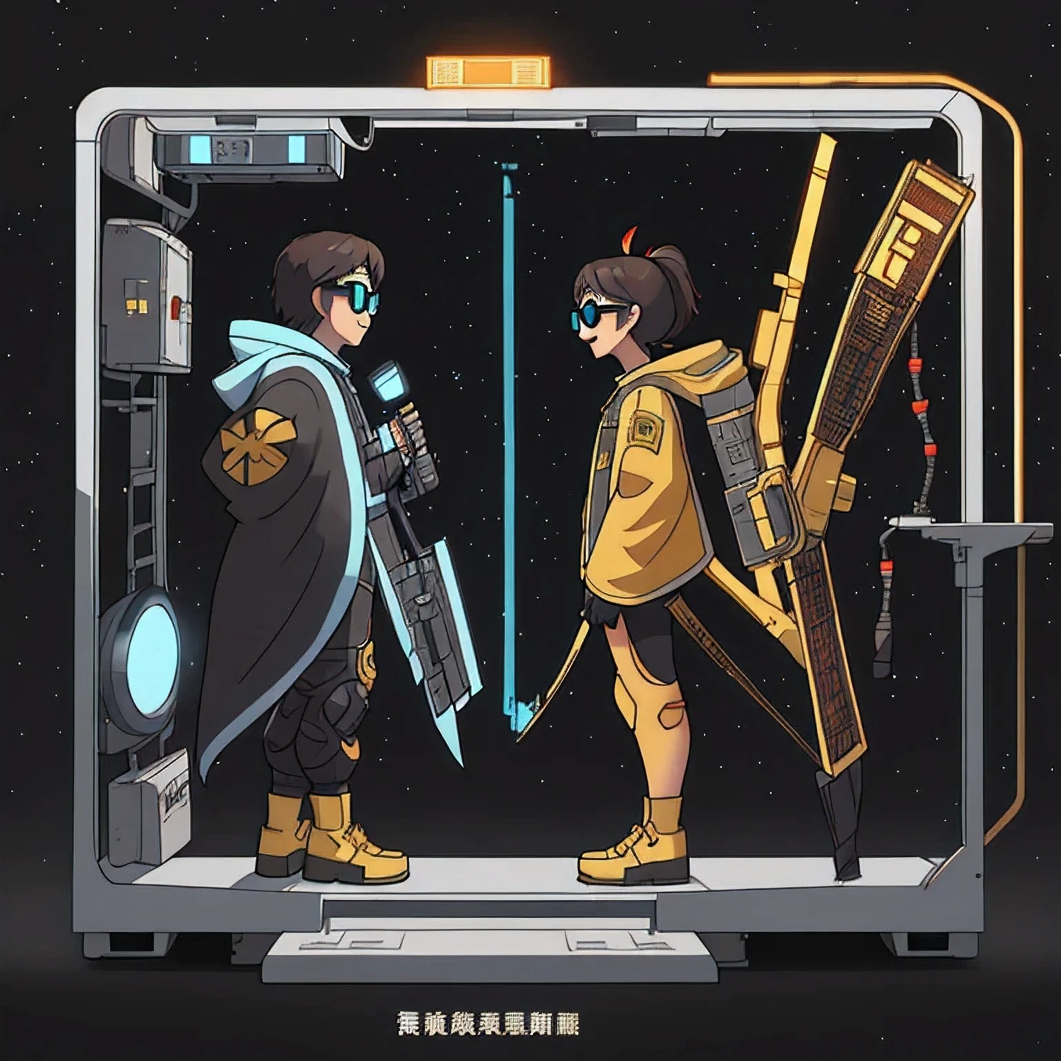 半透明Nine-tailed Suspended Harley Mist Round Star,Coarse Cloak Mayan 流光线条 Platinum Silk Cyberpunk Light Crossbow Space Station 1:900 micron miniature model,illustration,Side view angle,((半透明)), wear gold frame reflective sunglasses ,Back to the future weapon, very happy ,Side view angle,full body,Stereo,Octane Rendering,Perfect face,Collagen texture