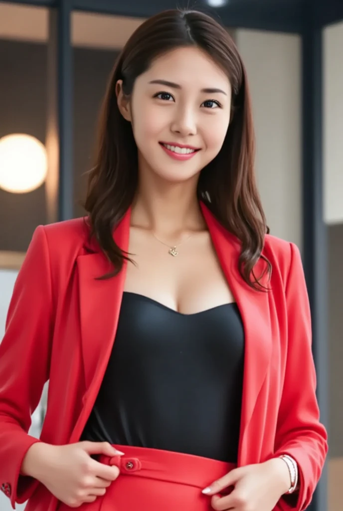 (realistic, photo-realistic:1.4), (extremely detailed 8k wallpaper), bokeh, detailed beautiful eyes and skin, (Image from thighs to head:1.3), (Japanese idol:1.3), 25yo, beautiful woman, smile, large breast,
Crimson red velvet blazer with tailored trousers, Sophisticated, Jazz club ambiance, Sultry evening atmosphere,