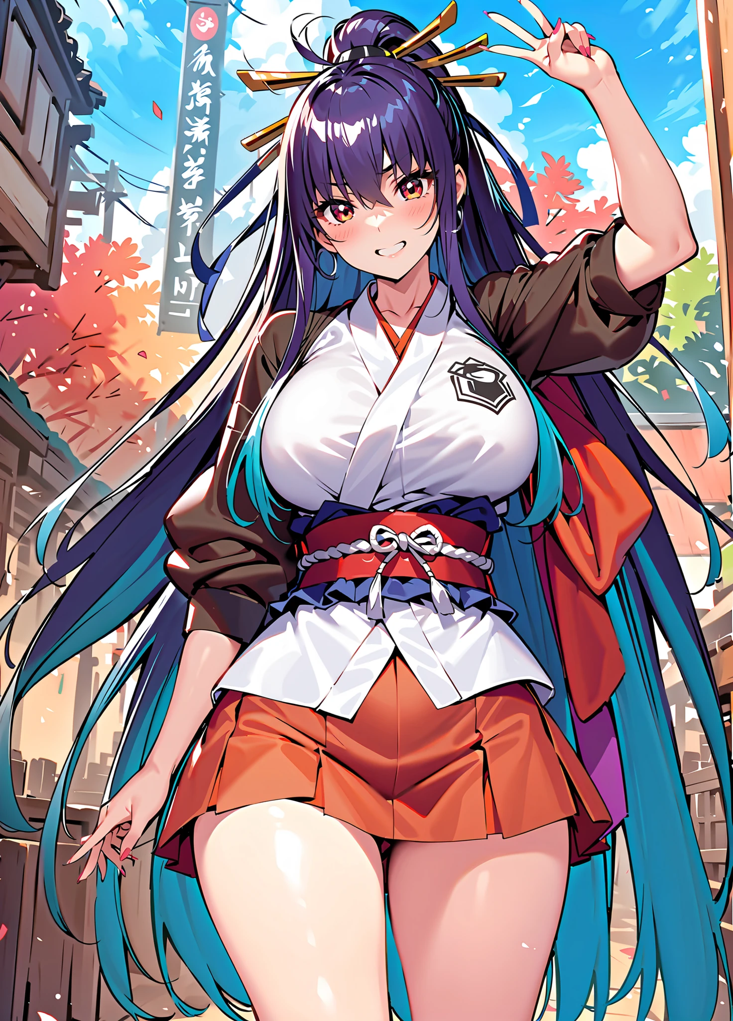 The most beautiful and sexy school girl, blue hair, orange eyes, dark skin, huge gigantic tits, cleavage showing, wearing highly detailed and sexy school uniform and backpack, tons of tattoos and piercings, school campus, cherry blossoms blowing in the wind, highly detailed background, perfect masterpiece, high quality, high resolution
