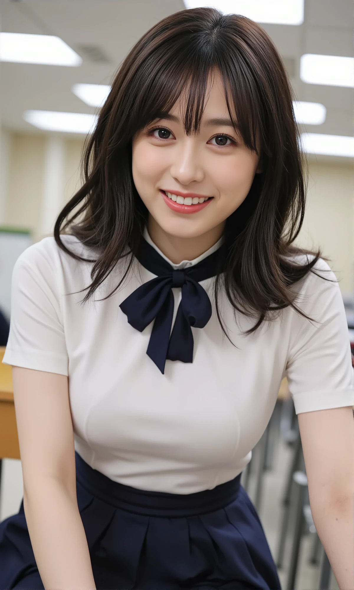 One Girl, (Sit on the desk and stick your ass out、School classroom、服の上からでもわかるVery large breasts、School white summer shirt、school summer uniform、Beautiful girl, Delicate girl:1.3), (24-years-old:1.3),(Smiling with teeth showing、Cute smiling eyes、Cute loose perm、Braid only the bangs、Fluffy hair、Medium Short Hair、Wrapping a leather belt、Wear a checked miniskirt、Round and ample breasts、Curved waist、Photo from the waist up:1.4)
Very beautiful eyes, (School uniforms:1.3), (Very large breasts:0.5), Brown eyes, Parted bangs, Light brown hair,
, A face of ecstasy、(The expression of ecstasy、A face of ecstasy:1.0),
, (masterpiece, Highest quality, Super detailed, Detailed face, 8k)