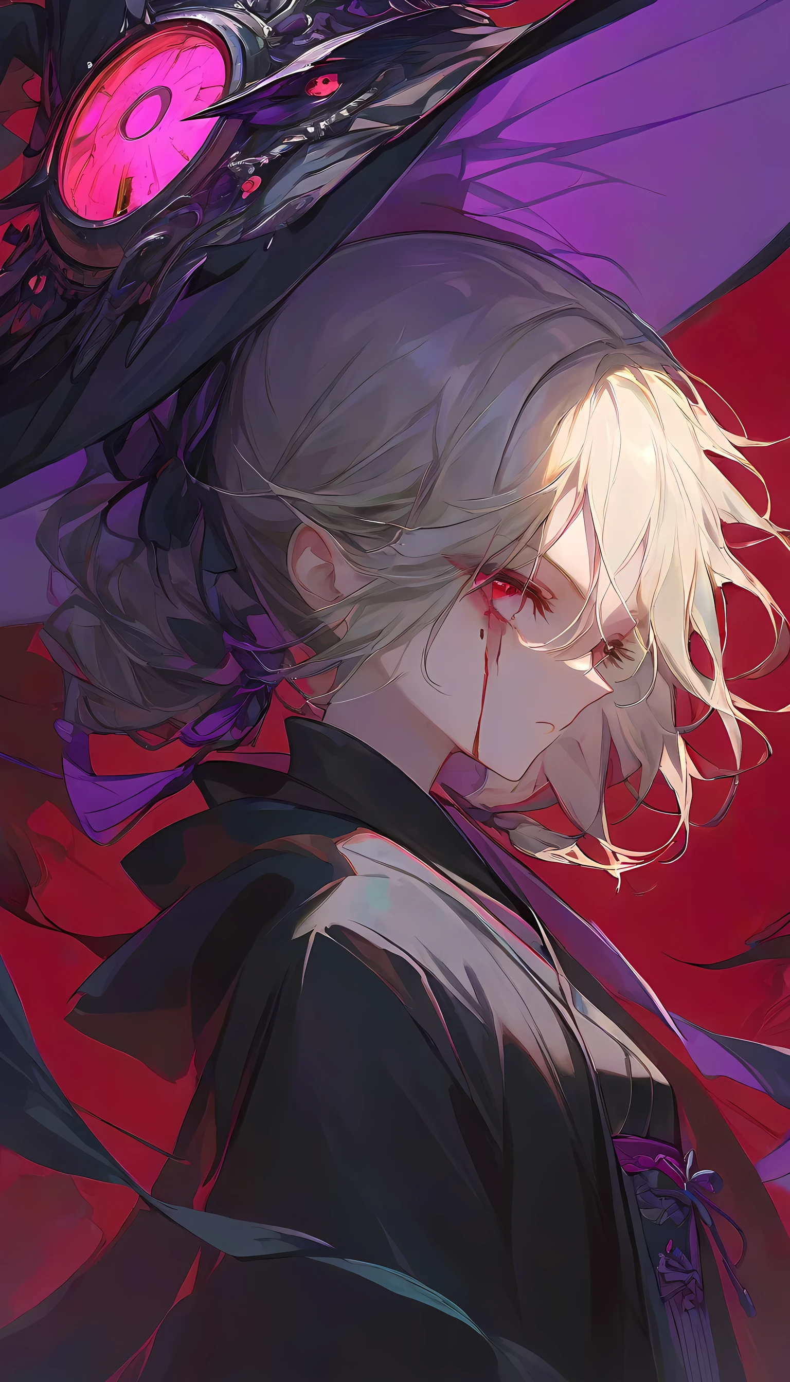 (masterpiece, best quality, amazing quality, very aesthetic, absurdres, newest:1), incredibily detailed, Intense posture, Traditional Japanese background, Epic illustrations, Flawless image quality, (black ink painting) , 1girl,solo,solo girl,medium hair , gold hair,(hair between eyes), ((low tied hair )) ,big purple witch hat,red eyes ,expressionless,sharp face line,small breasts,petite,((black witch robe)),(blood on the face ),portal hole, another world eldritch abomination,