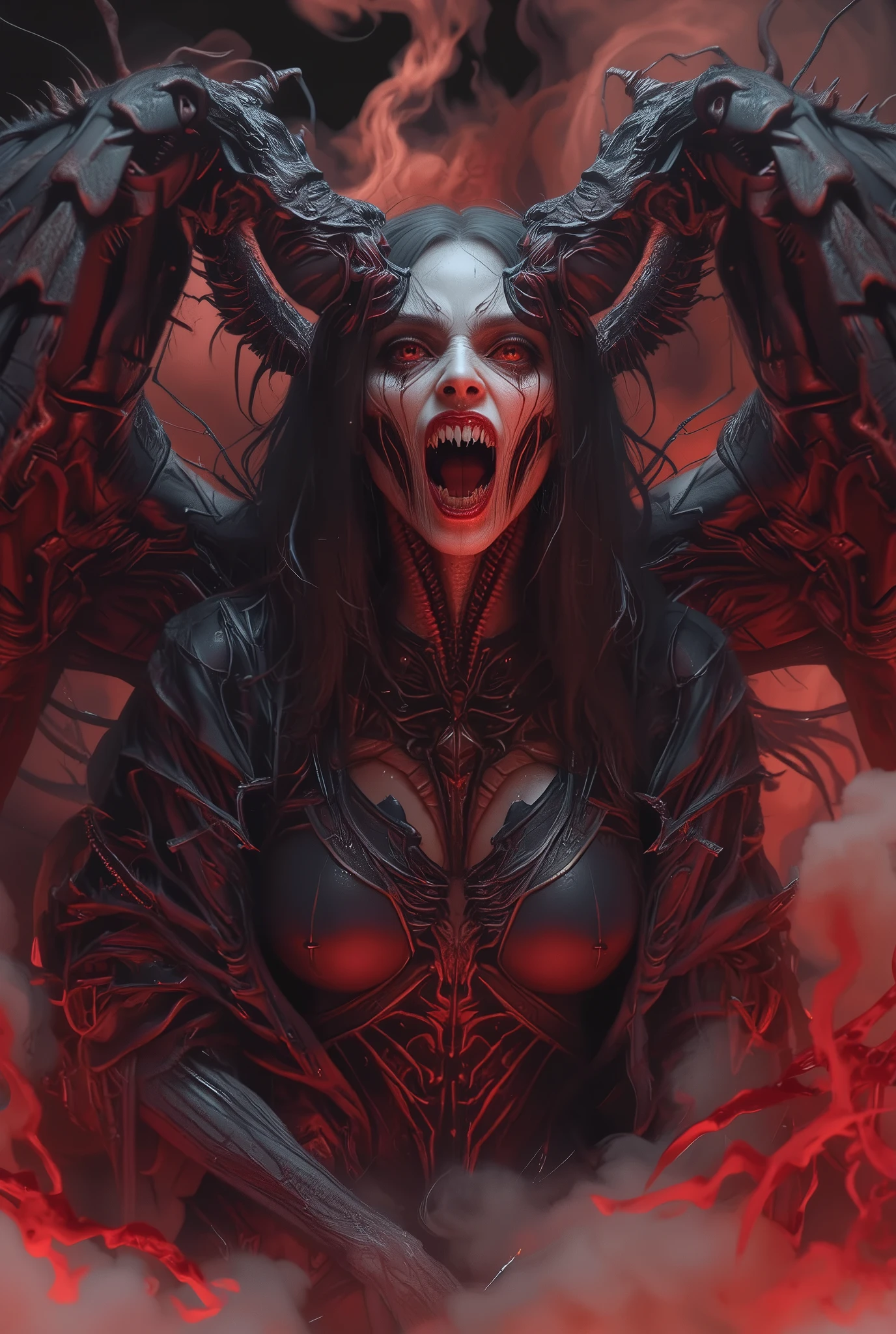 Terrible Devil, scary female Beelzebub, (Queen of Flies:1.5),high quality,realistic 3D, horror art, Magician,daemon,dark vibe,red and black colors, extremely detailed, masterpiece,4K realistic with lots of detail,photorealistic,Extreme Detailed Expression,professional,vivid colors, neon colored Bokeh, (Best Quality, 4K, 8k, High Resolution, Masterpiece: 1.2), (Super Detailed, realistic, photorealistic:1.37),