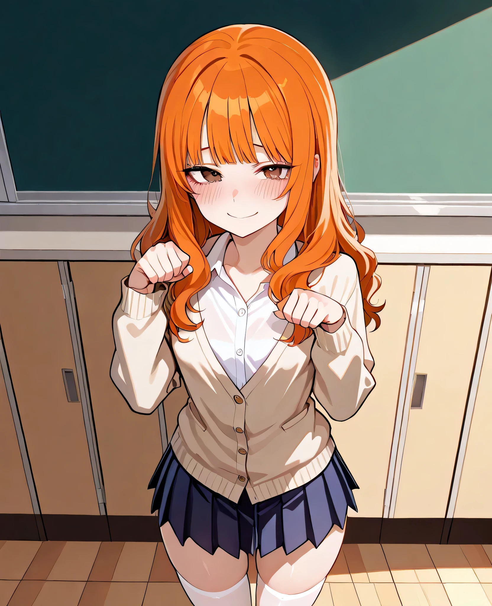 1girl, 20 years old, beautiful, orange hair, slightly wavy hair, straight bangs, hair length to shoulder blades, brown eyes, small hips, slightly plump thighs, narrow waist, small breasts, neat face, small blush, detailed image, detailed body, detailed location, location: classroom, clothes: white button shirt underneath oversized beige cardigan with long sleeves covering half of palm, pleated dark blue skirt, white stockings, small clip on bangs, shy smile, time: evening, pose: standing, shy, looking at viewer, looks into the eyes, front view, head tilted side, hands up, paw pose, hips to side, blush, from above, nya speech, solo