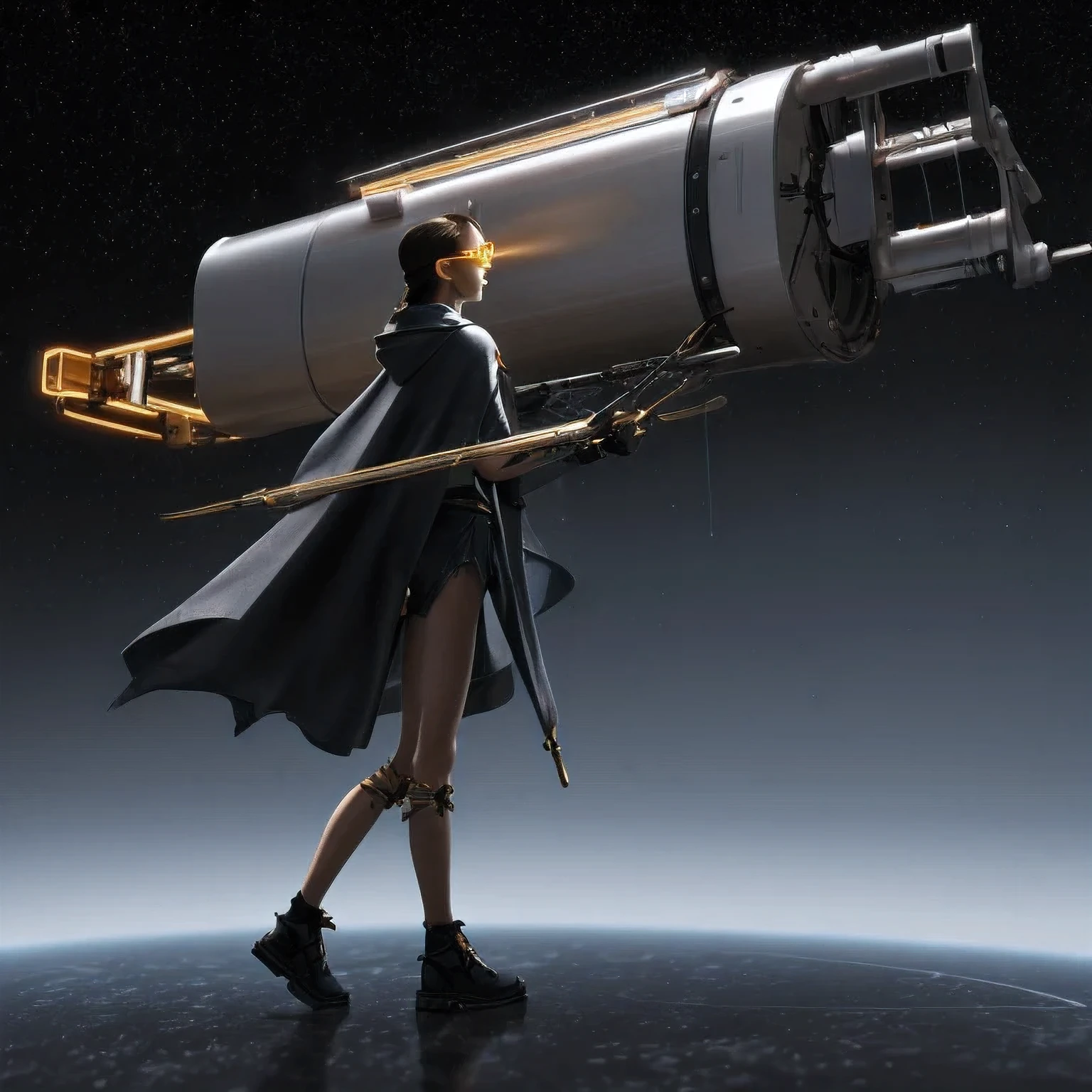 半透明Nine-tailed Suspended Harley Mist Round Star，Coarse Cloak Mayan 流光线条 Platinum Silk Cyberpunk Light Crossbow Space Station 1:900 micron miniature model，illustration，Side view angle，（（半透明））， wear gold frame reflective sunglasses ，Back to the future weapon， very happy ，Side view angle，full body，Stereo，Octane Rendering，Perfect face，Collagen texture