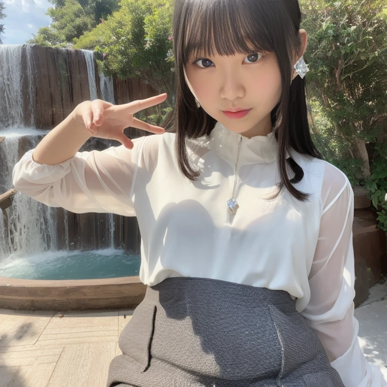 Highest quality, 8K, ,masterpiece :1.3)), In-person audience,((Whole body 1.2)) ,Beautiful woman, Wide Shot ,One girl, , Selfie , Black Hair, Brown Hair , bangs,Highly detailed face, Highly detailed lips, Fine grain, double eyelid