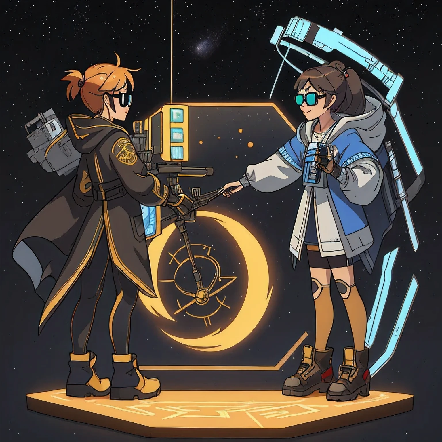 半透明Nine-tailed Suspended Harley Mist Round Star,Coarse Cloak Mayan 流光线条 Platinum Silk Cyberpunk Light Crossbow Space Station 1:900 micron miniature model,illustration,Side view angle,((半透明)), wear gold frame reflective sunglasses ,Back to the future weapon, very happy ,Side view angle,full body,Stereo,Octane Rendering,Perfect face,Collagen texture