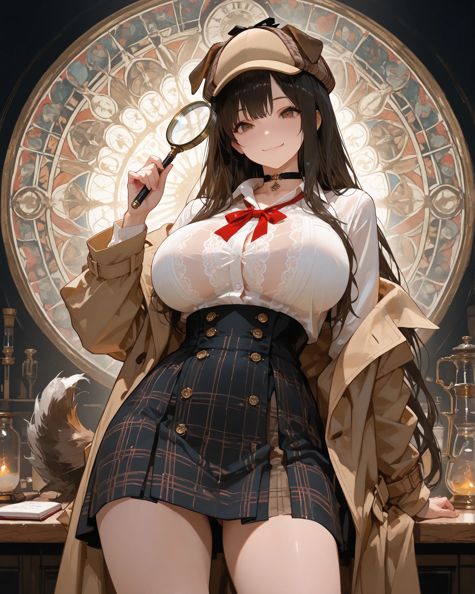 masterpiece, source_hentai, Best Quality, black, very aesthetic, high resolution, super detailed, illumination, colorful, Absard Dress, newest,Dog Detector,
expressive eyes, upper body, Detailed Faces, beautiful face, foot, one girl, Super long hair, dark hair, dog girl, (big),thigh, white shirt with ribbon ties, check skirt, beige trench coat, deerstalker, dynamic pose soaked in hot springs, (has a magnifying glass, small notebook), choker, (has a magnifying glass, small notebook) Dog Ears, Dogtail , brown eyes , dynamic illumination, cinematic illumination, 19th century London background,.
(with a charming smile), (Detail Cartoon illustrations), (detailed line draw), (( Perfect Anatomy)), (intricate details:1.3), (Super Details:1.3), ( illustrations:1.3), ( concentrated:1.3), ( natural light:1.05),Big Breasts, immense breasts, upskirt, full body,