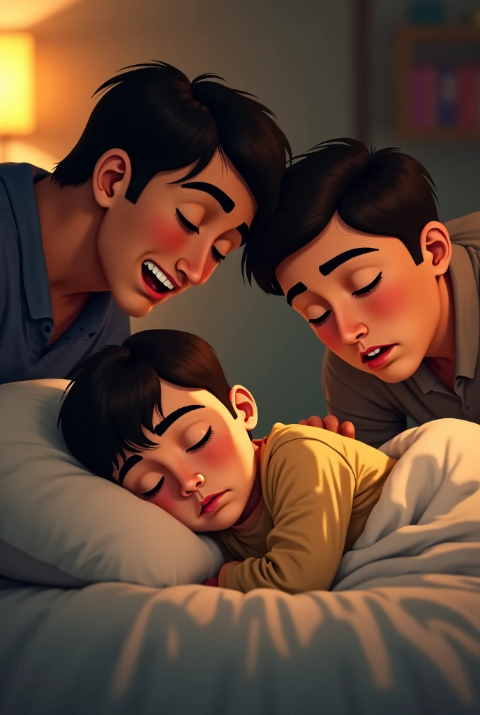 Three kpop boy, (((boy))), snow white short hair, in milky white colored sweater outfit, seated on a bed, inside bedroom, chill lofi, wake up, have a big stretch, Yawn a big long yawn, morning