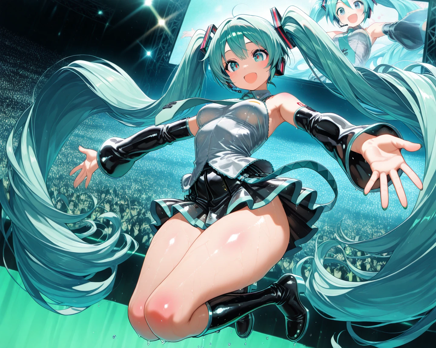 NSFW, a captivating nijiboy with crystal-clear horns, decked out in radiant turquoise skiwear, sports twin tails that dance in the wind. His big, beautiful, odd eyes radiate an otherworldly charm, and a warm, inviting smile graces his lips. Amidst the barren landscape of Cyberrun's desert city, he stands out as a vivid and mesmerizing spectacle.