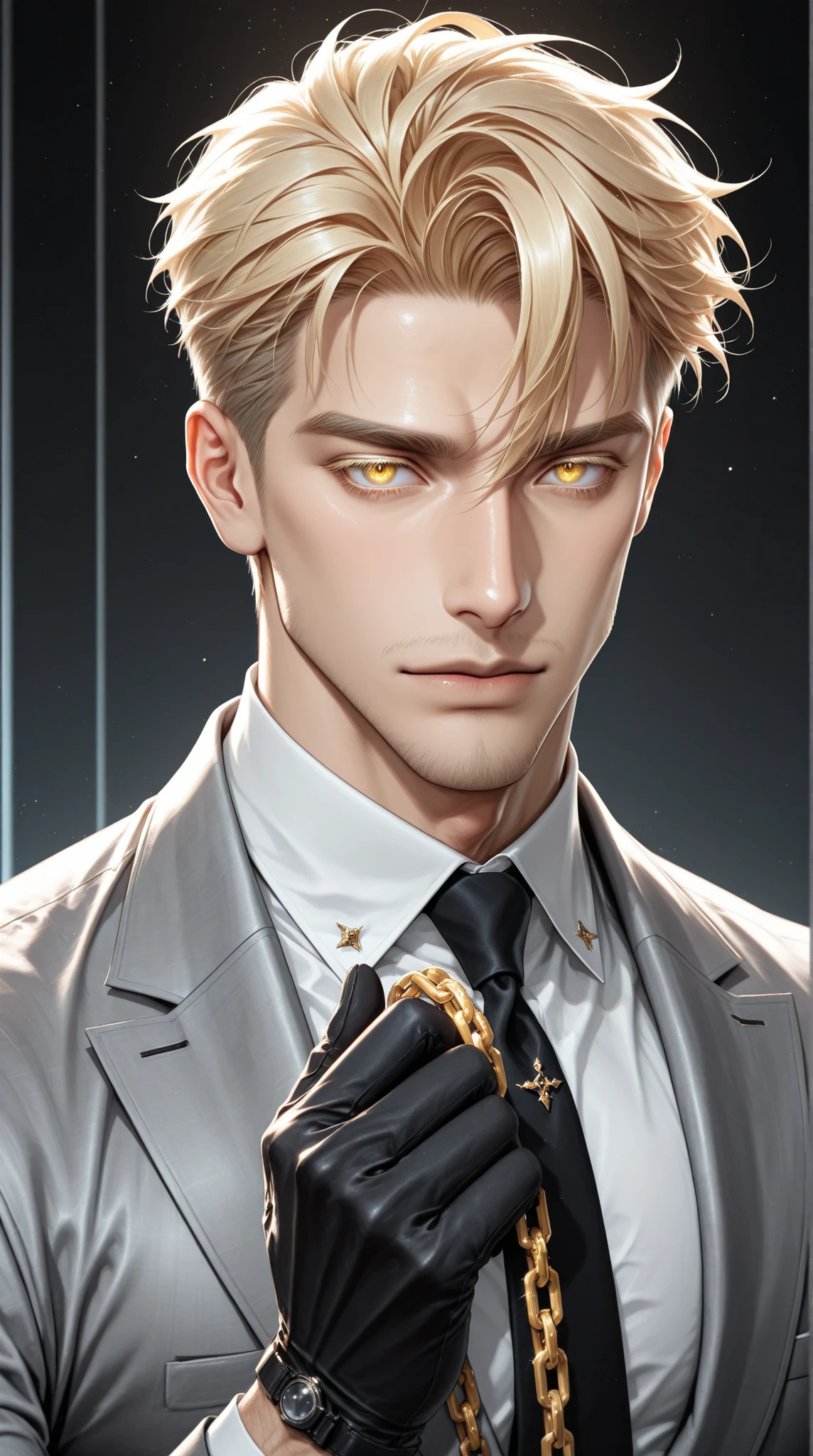 adult male, handsome, tall, Sung Hyunjae, ash-blonde hair, expressive yellow eyes, blonde eyelashes, The S-Classes That I Raised, solo, a sexy man holding a golden chain, handsome, sensual, gray suit, black necktie, white shirt, black gloves, ,, ultra-detailed, intricate details,masterpiece, best quality, amazing quality, hyper-detailed, newest, very aesthetic