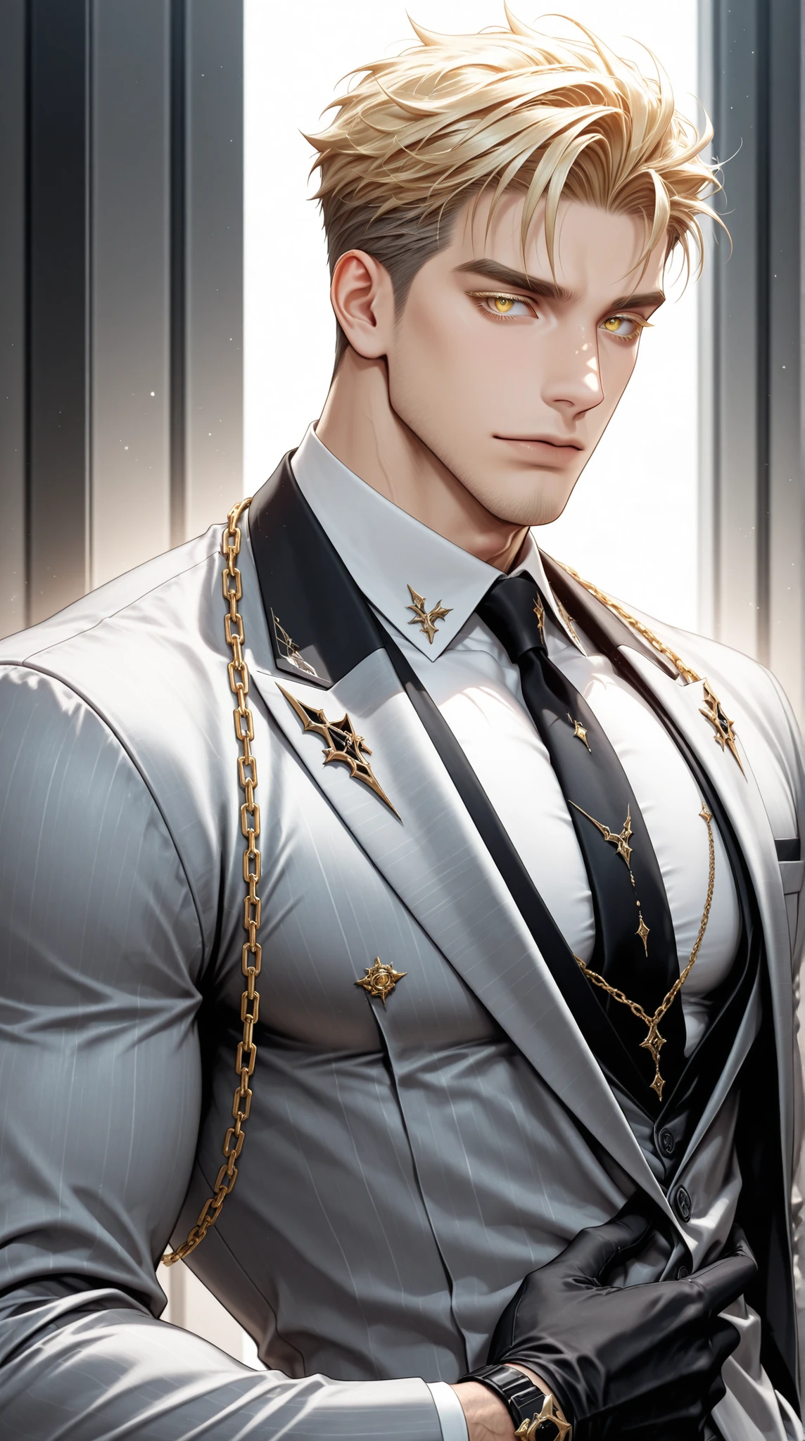 adult male, handsome, tall, Sung Hyunjae, ash-blonde hair, expressive yellow eyes, blonde eyelashes, The S-Classes That I Raised, solo, a sexy man holding a golden chain, handsome, sensual, gray suit, black necktie, white shirt, black gloves, ,, ultra-detailed, intricate details,masterpiece, best quality, amazing quality, hyper-detailed, newest, very aesthetic