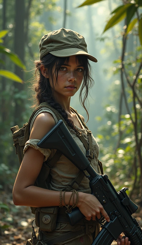 a brunette girl in a t-shirt and torn pants makes a camp on an island from the wreckage of an airplane