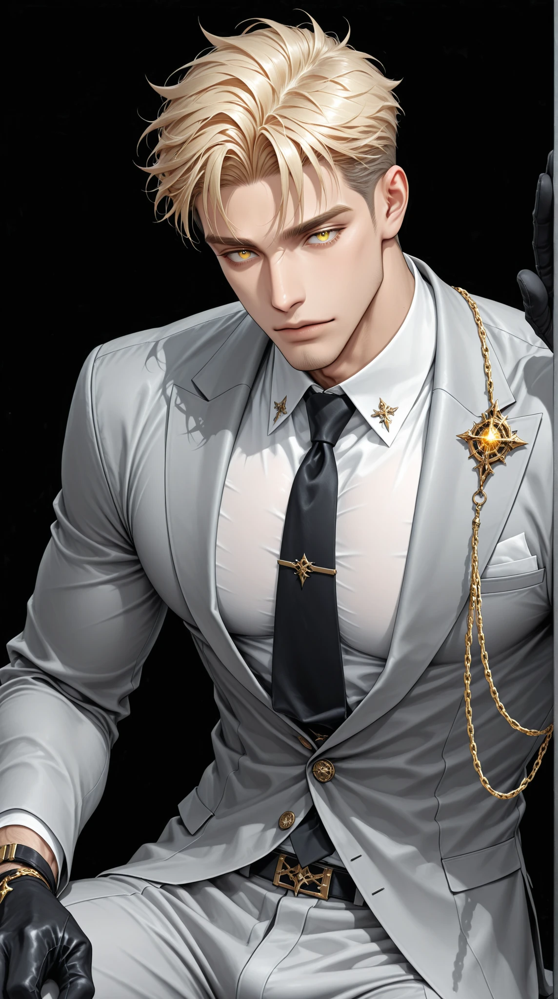 adult male, handsome, tall, Sung Hyunjae, ash-blonde hair, expressive yellow eyes, blonde eyelashes, The S-Classes That I Raised, solo, a sexy man holding a golden chain, handsome, sensual, gray suit, black necktie, white shirt, black gloves, ,, ultra-detailed, intricate details,masterpiece, best quality, amazing quality, hyper-detailed, newest, very aesthetic