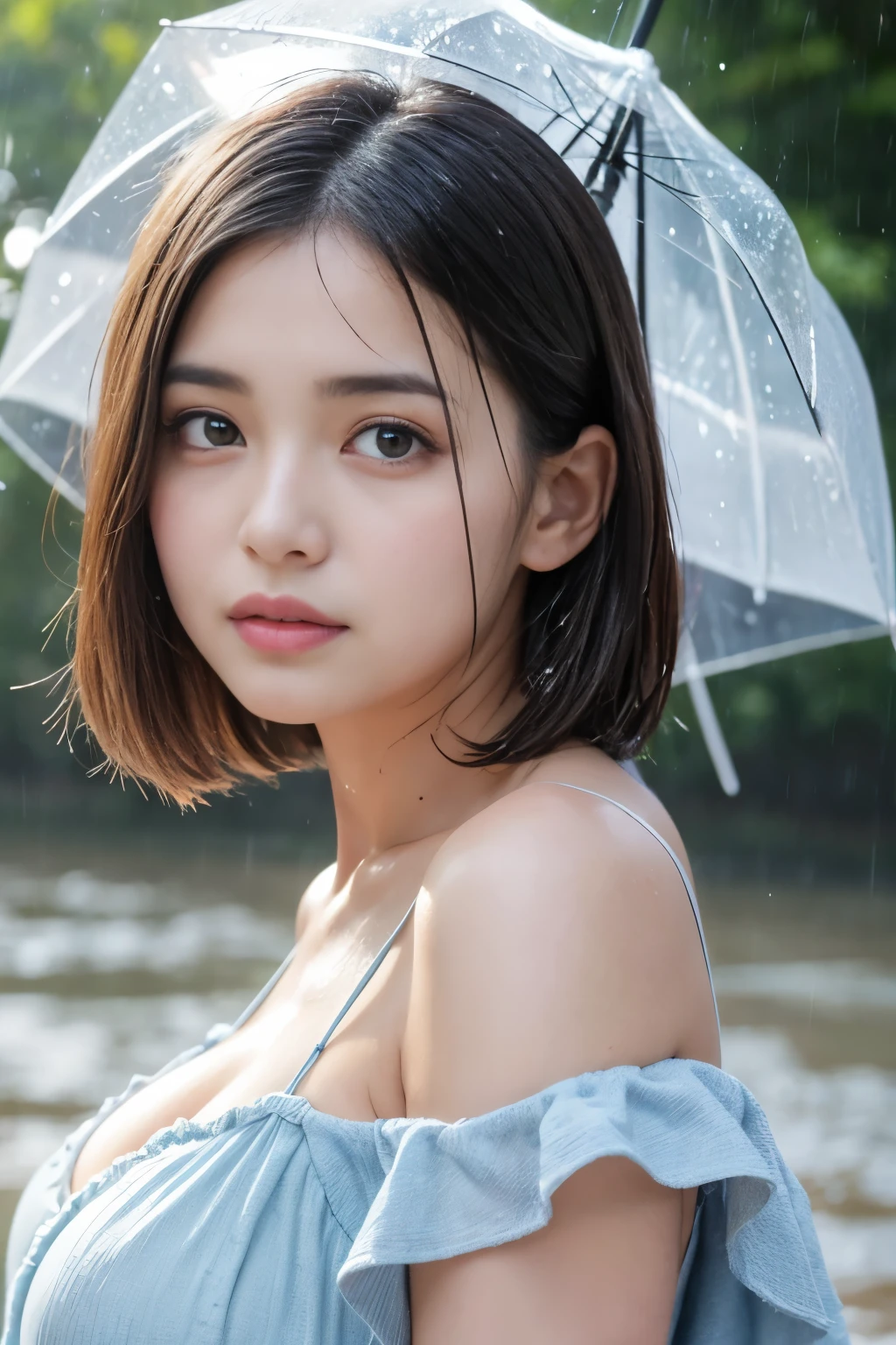 (8k, best quality, masterpiece:1.2), (realistic, photo-realistic:1.37), ultra-detailed, 1 girl, cute, solo, beautiful detailed sky, detailed cafe, night, sitting, dating, (nose blush), (smile:1.15), (closed mouth) medium breasts, beautiful detailed eyes, topless, night, wet, rain, white lace, (short hair:1.2), floating hair NovaFrogStyle,