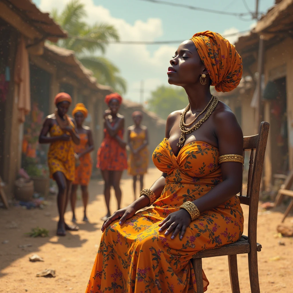 ,Generate an image of black beautiful lady sitting on the floor crying heavily with people at the background in a village setting