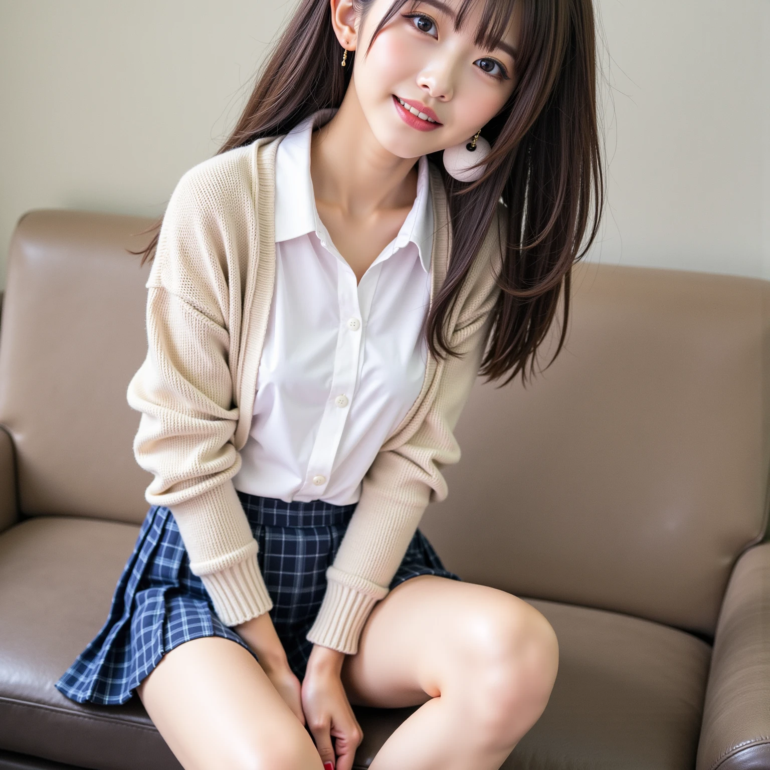 (realistic silk panties:1.3),(white panties:1.2),(pink check skirt:1.2)(Looking directly at Viewer:1.3),(big smile:1.2)32K,(beautiful teeth:1.3) masterpiece, Raw photo, Best Quality, Photorealistic, Highly detailed CG Unity 32K wallpaper, depth of fields,(Extremely beautiful face, Beautiful lips, Beautiful eyes), intricate detailed face, ((Ultra detailed skin)) , Cutest Pretty Japanese girl, Super Idol, 1 girl,(Happy smile:1.3), Clear eyes, (Big eyes:1.2), (Brown hairs), thick thighs, (Japanese school uniform:1.1),(double eyelies:1.3),(long eyelashes:1.2),balanced elegant face,(small mouth:1.1),drooping eyes