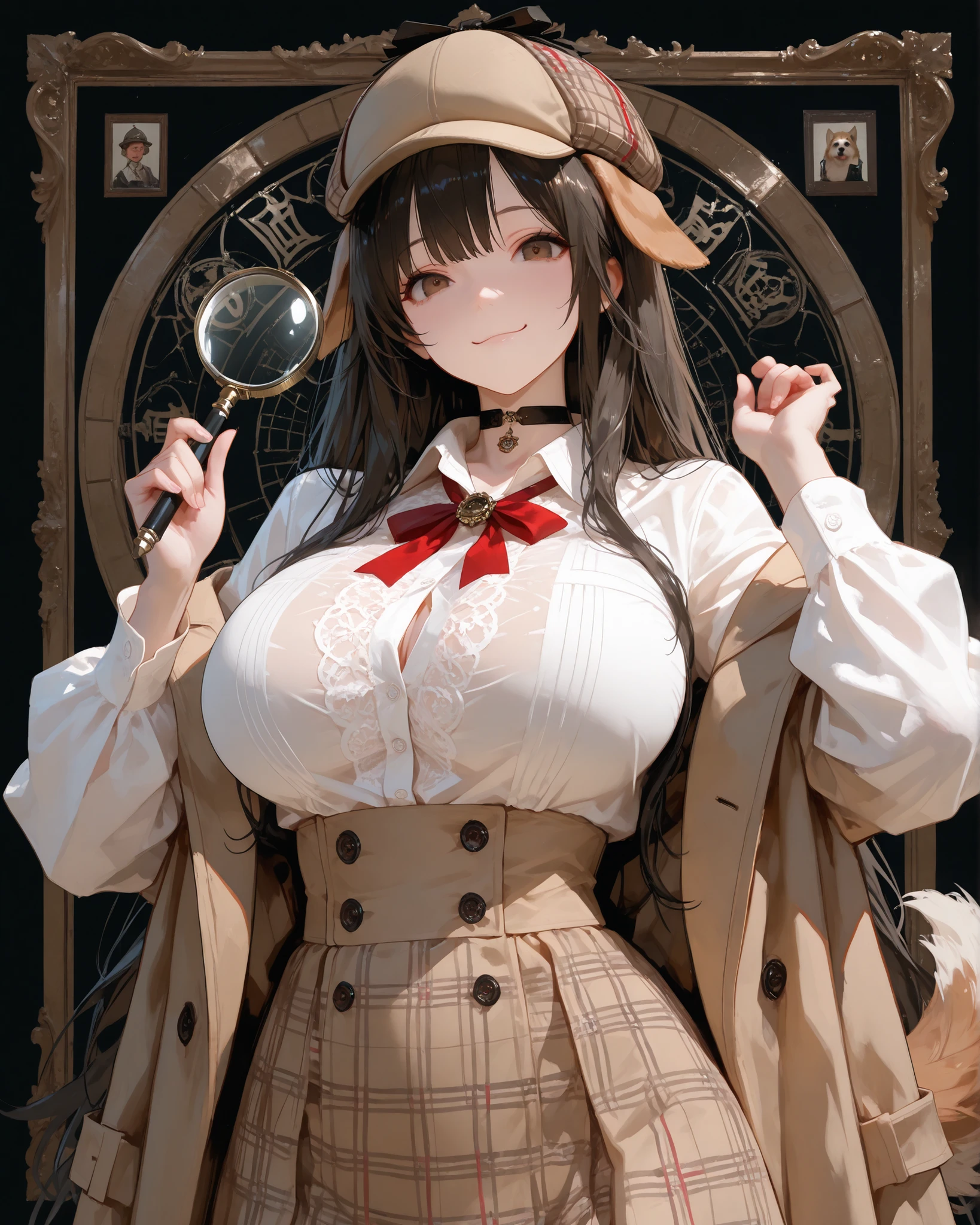 masterpiece, source_hentai, Best Quality, black, very aesthetic, high resolution, super detailed, illumination, colorful, Absard Dress, newest,Dog Detector,
expressive eyes, upper body, Detailed Faces, beautiful face, foot, one girl, Super long hair, dark hair, dog girl, (big),thigh, white shirt with ribbon ties, check skirt, beige trench coat, deerstalker, dynamic pose soaked in hot springs, (has a magnifying glass, small notebook), choker, (has a magnifying glass, small notebook) Dog Ears, Dogtail , brown eyes , dynamic illumination, cinematic illumination, 19th century London background,.
(with a charming smile), (Detail Cartoon illustrations), (detailed line draw), (( Perfect Anatomy)), (intricate details:1.3), (Super Details:1.3), ( illustrations:1.3), ( concentrated:1.3), ( natural light:1.05),Big Breasts, immense breasts, upskirt, full body,