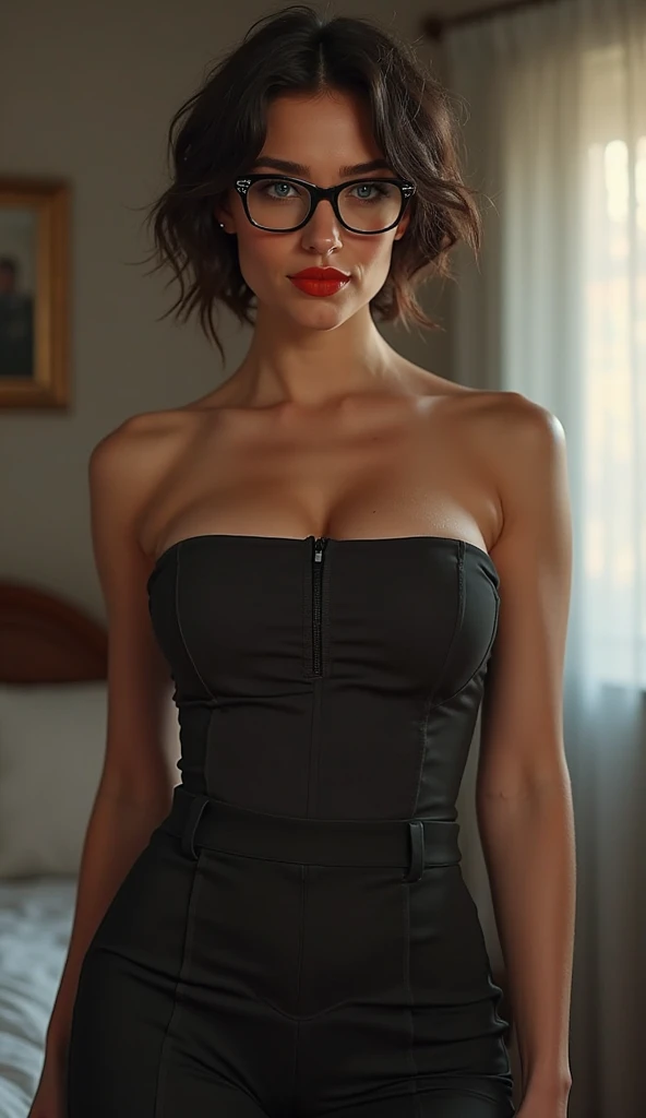 (short hair woman), (suit), (cross-legged sitting, hands lying on thighs), on chair, medium breasts, deep cleavage, best quality, masterpiece, illustration, very delicate and beautiful, very detailed skin, CG, Unity, 8K wallpapers, amazing, fine detail, highly detailed CG Unity 8K wallpapers, huge file size, high resolution, handsome detailed woman, very detailed eyes and face, Stunning detailed eyes, light on the face, (Best illustration: 1.1), (best shadow: 1.1), ultra high resolution, (photorealistic: 1.1), (photorealistic 1.2:1.1), realistic face proportions,slim,smile,(fluffy black eyes: 1.21), black eyes, looking at the viewer, dark brown hair, earrings, necklaces, hairpins, full body shots, (irregular skin imperfections,veins,moles,skin wrinkles,pores: 1.2), (dark night background: 1.2), (bokeh: 1.4)