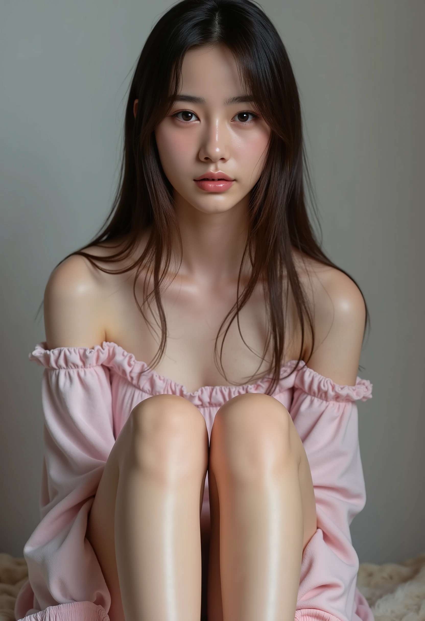 pretty girl, smile, no make up, dark circles, full body shot from the front, off shoulder mini one-piece pajamas please, Bend Your Knees, widens legs, pose with legs crossed, and sit down staring at me, Slender Naked Legs, , has a monotone background, studio lighting