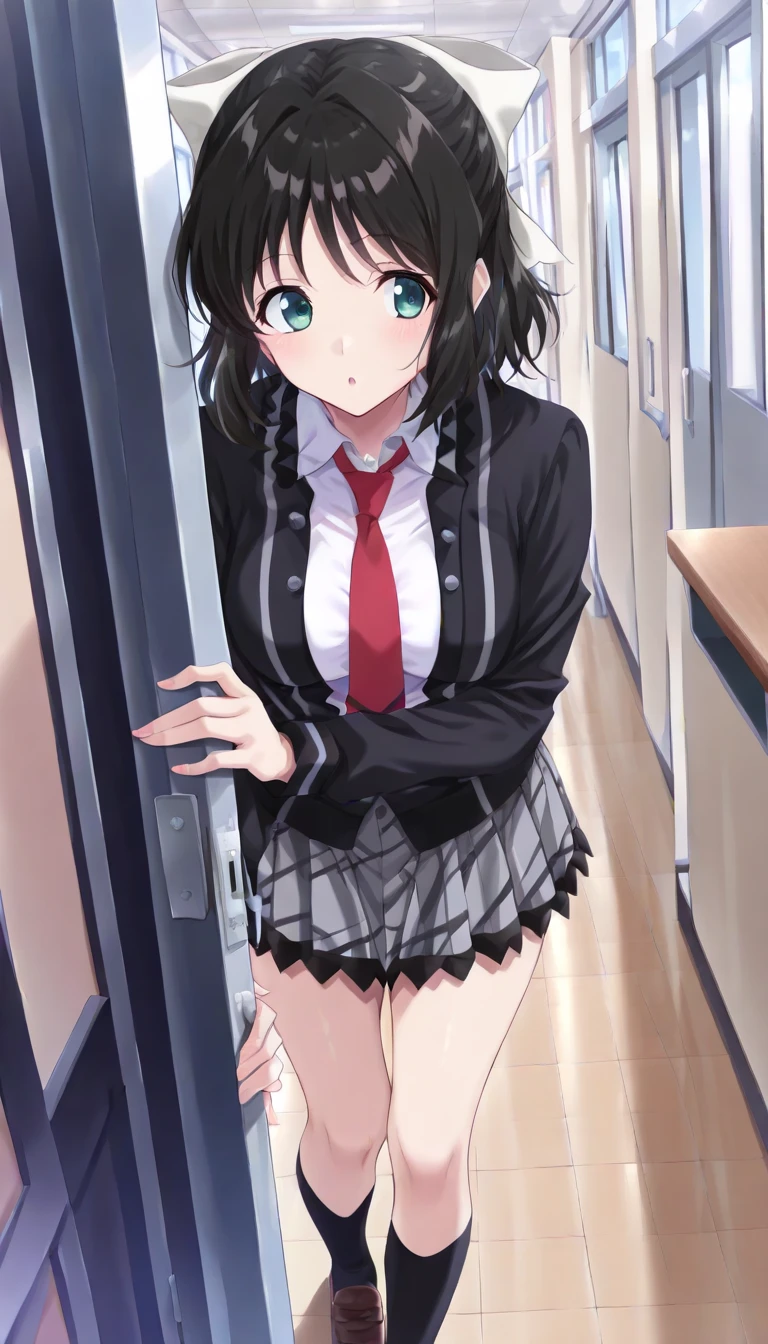 masterpiece, Highest quality, High resolution, MyMiku, short hair, teeth, , Red Bow, Cowboy Shot, anger, Are standing, locker room,Shirt open,Skirt up to the belly button,Panties in full view,Sweat,,semen