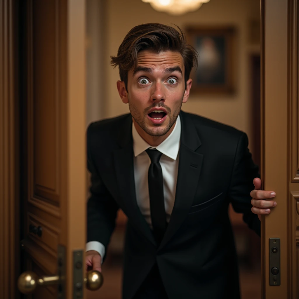 
realistic photo, rich young guy opens the door in shock