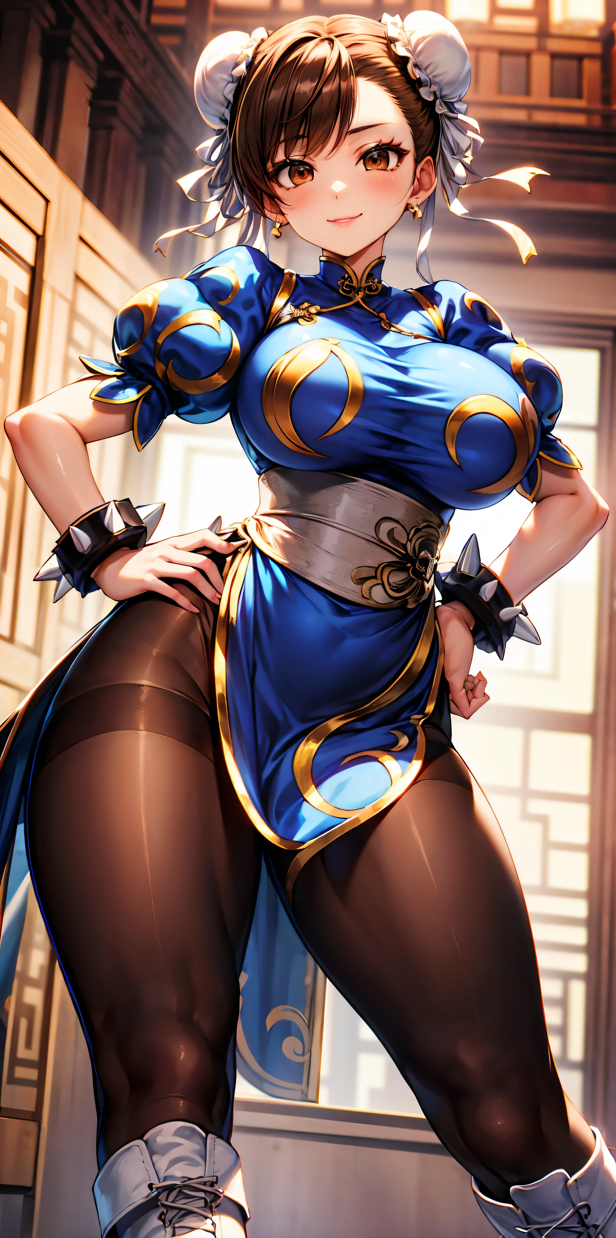 (masterpiece, best quality), Mature Woman,23 years old, brown hair, (Upper Body:1.3),(From below:1.5), (Sealing:1.4),Ass Focus,Open your mouth, Embarrassing ,blush,(Spread your legs:1.3),(Lift your legs),(Camel Toe:1.3), ChunLi:1.4,ChunLi,ChunLi, (Brown eyes:1.7), (Pan cover:1.5), Double Bang, eyeliner, Hair Bun, lipstick, compensate, Pink Lips, Large Breasts,blue dress, boots, bracelet, (brown pantyhose), Chinese dress, Chinese clothing, Cross-laced shoes, dress, Gold border, jewelry, pantyhose, Pelvic Curtain, Puffy sleeves, sash, Short sleeve, Side slits, spiked bracelet, spike, White footwear, Highest quality,Best image quality,Perfect Anatomy,masterpiece,Super detailedな,beautiful,super high quality, Highest quality,High resolution, Super detailed,Game CG,Dutch Angle ,Beautiful attention to detail,visual