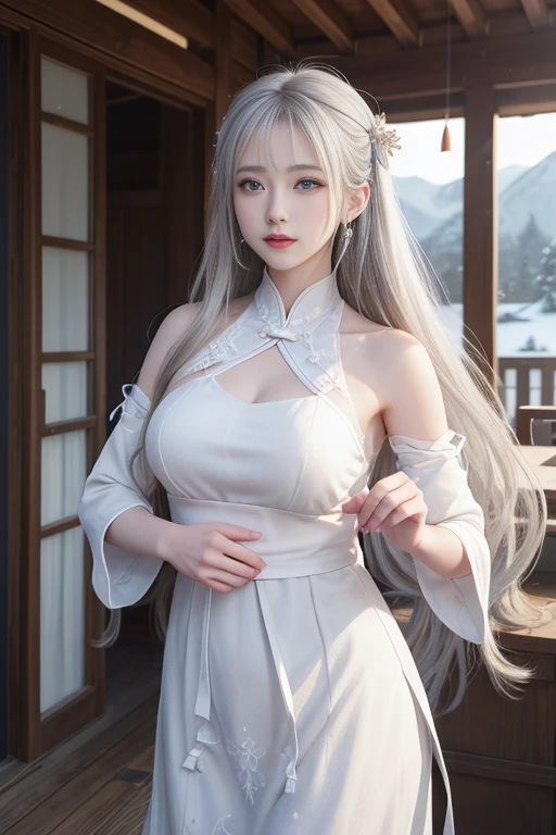 A girl kneeling on the prairie, wearing Hanfu, long white hair, long hair shawl, open chest, long eyelashes, lip gloss, red eye shadow, bare feet, silk long sleeves, pale skin, masterpiece, extreme, 8K, big breasts