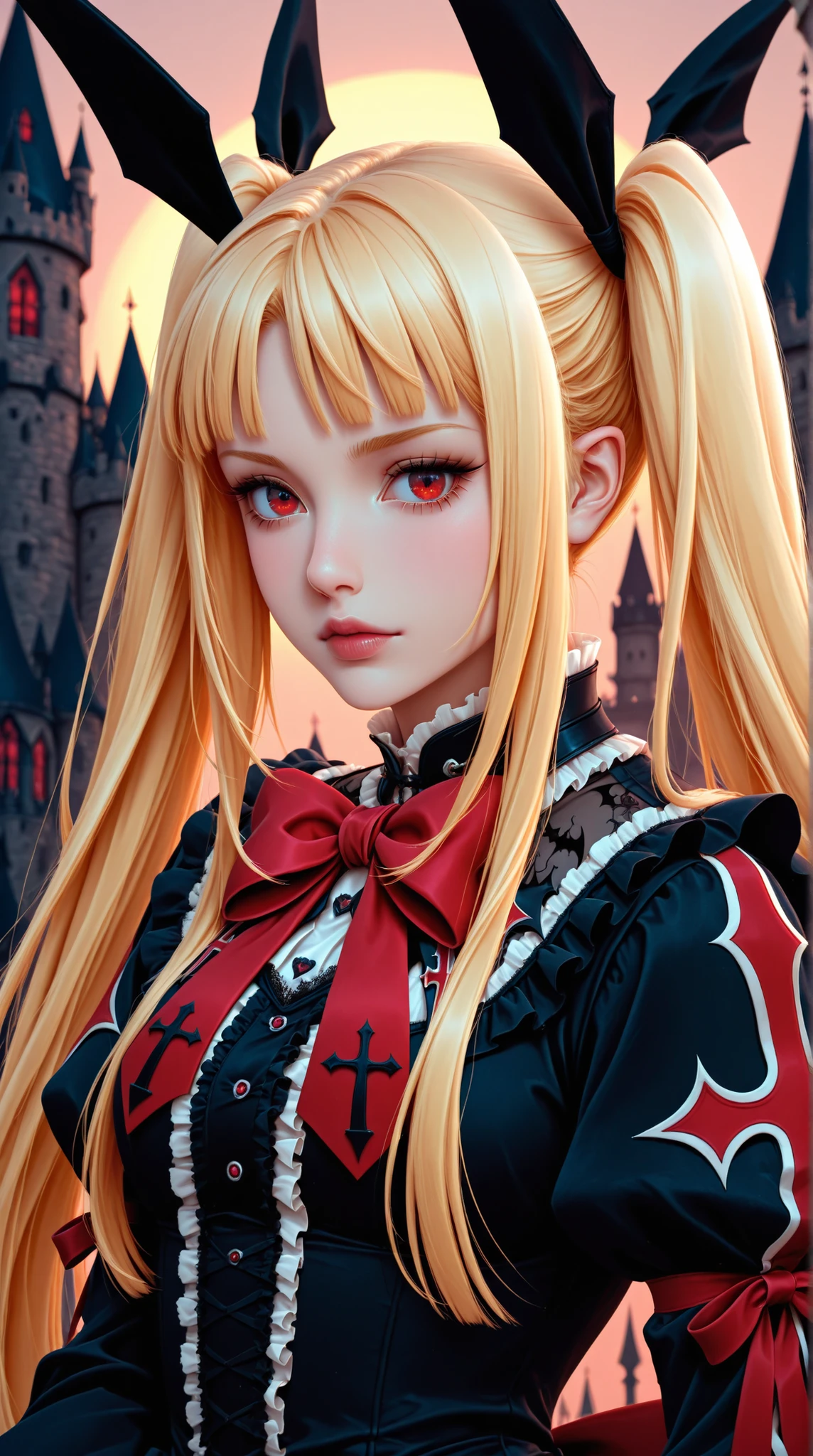 portrait of a,vampire, Rachael Alucard, red eyes, bow, ribbon, gothic ta fashion, dress, frills, blonde hair, twin-tails long hair, castle background,Golden Hour