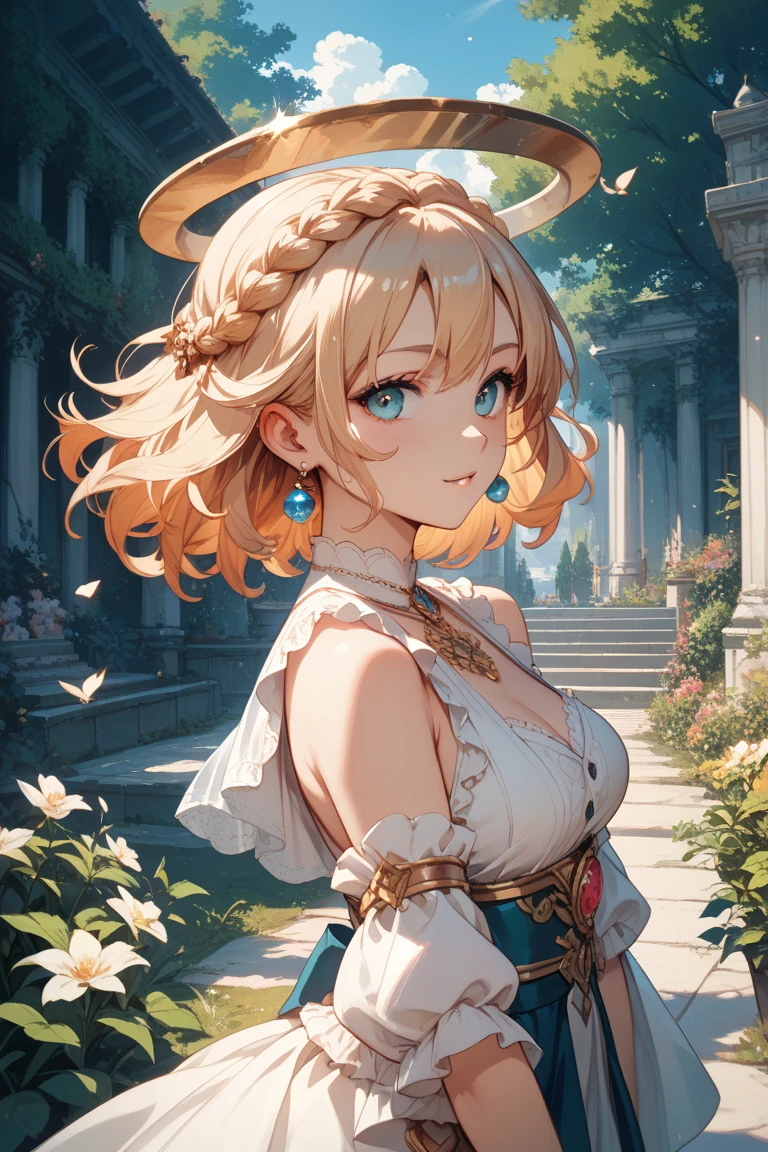 Elegant anime female characters，(Anne Hathaway),Golden ponytail，Attractive eyes，Greek clothes，In the daytime，blue-sky，Skysky，exteriors，Under towering trees，Cinematic lighting effects，Large aperture portrait，dynamicposes，Golden ratio，rich details​