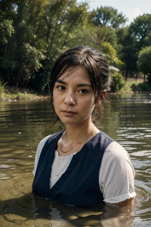 Prompt "CG movie scene, clear 4K images, wide camera angle, when it rains, Thai women are wet and light and clear. that was created from the water of the white shirt The sky is clear and the weather is clear. The design is realistic. photorealistic"
